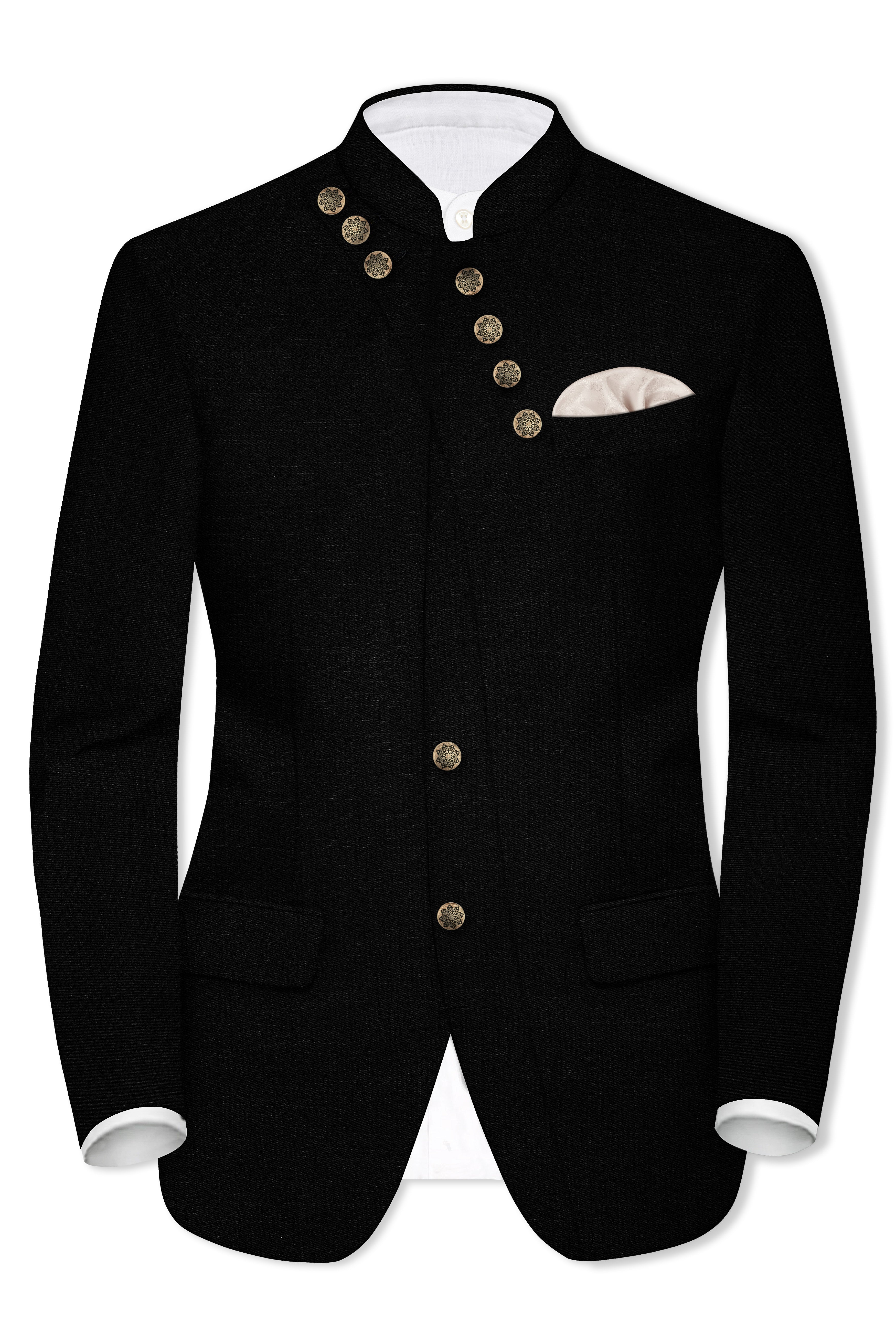 Jade Black Stretchable Subtle Sheen Cross Placket Bandhgala/Mandarin wool blend Designer Blazer