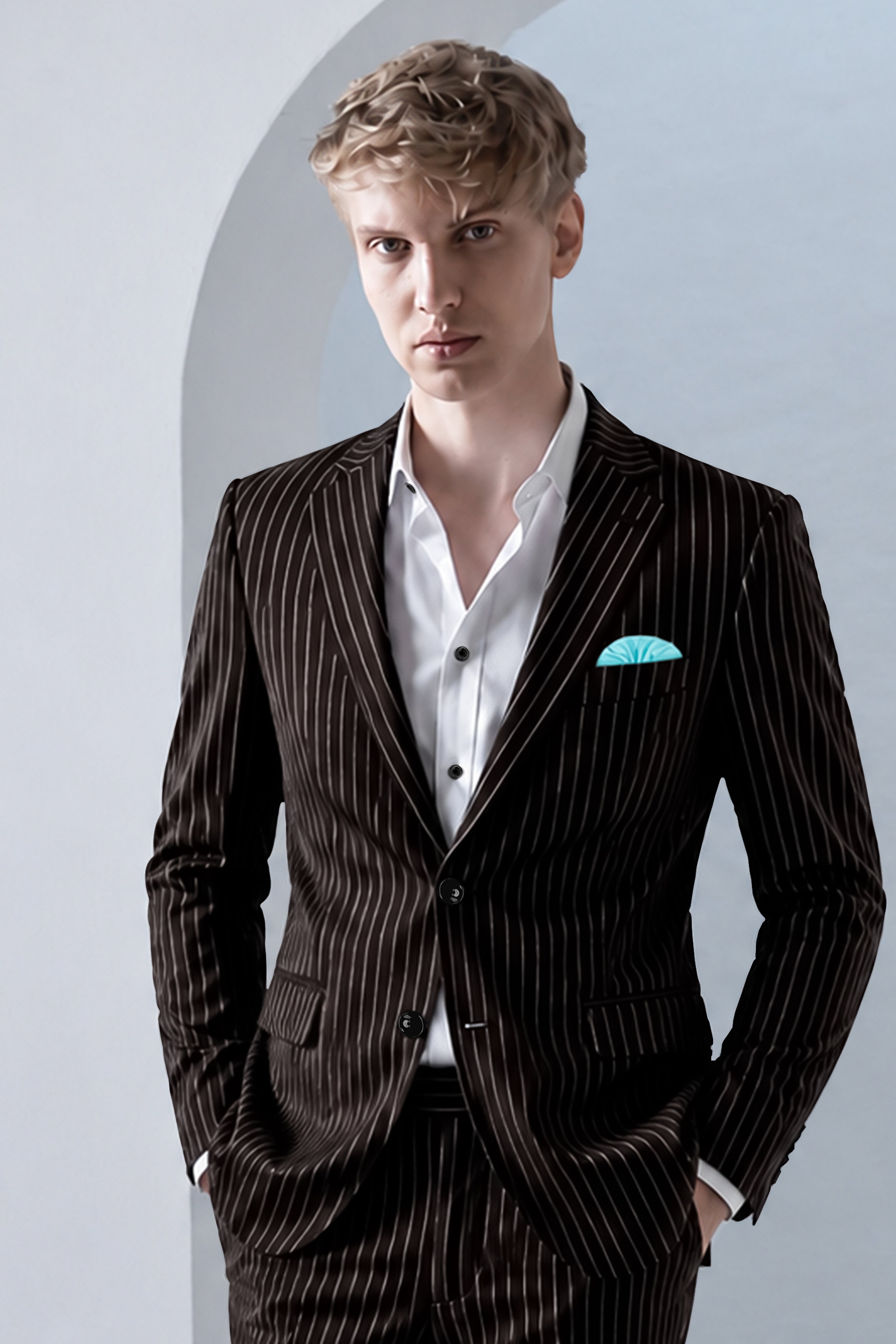 Bastion-Gondola Brown And Bright White Chalk Striped Wool Rich Slight Stretch Single Breasted Blazer