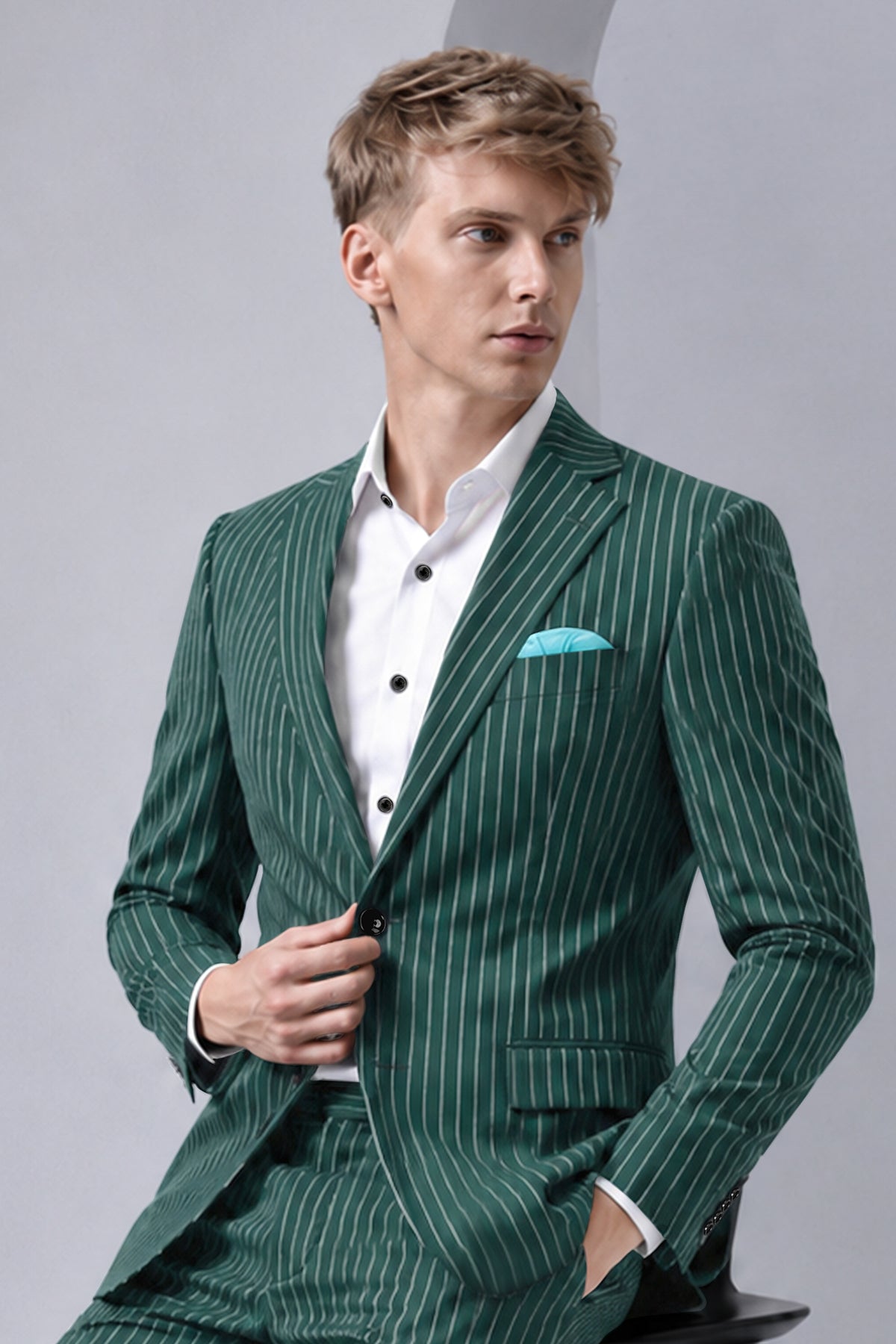 Forenza-Jungle Green And Bright White Chalk Striped Wool Rich Slight Stretch Single Breasted Blazer