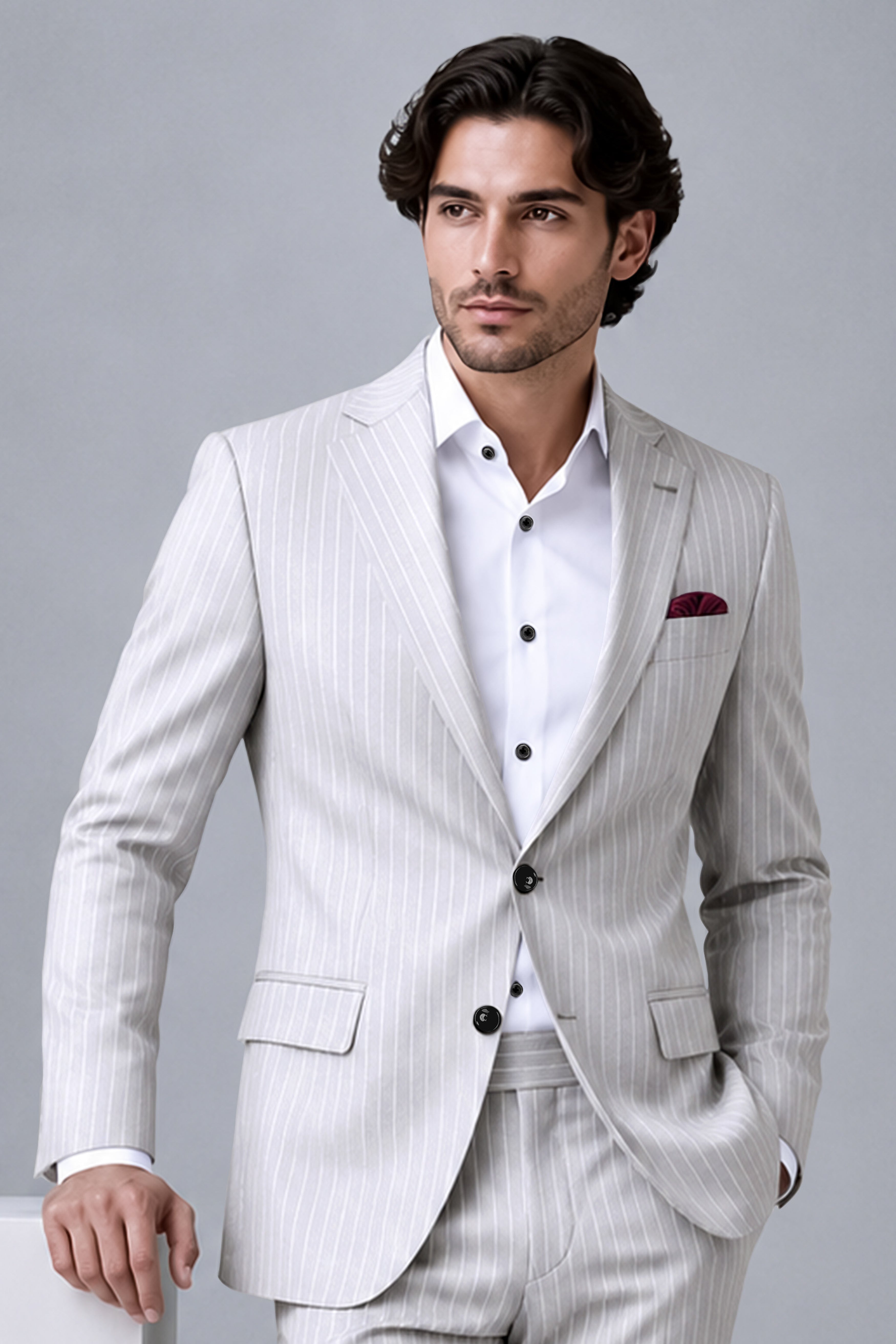 Sterlan-Goose Gray And Bright White Chalk Striped Wool Rich Slight Stretch Single Breasted Blazer
