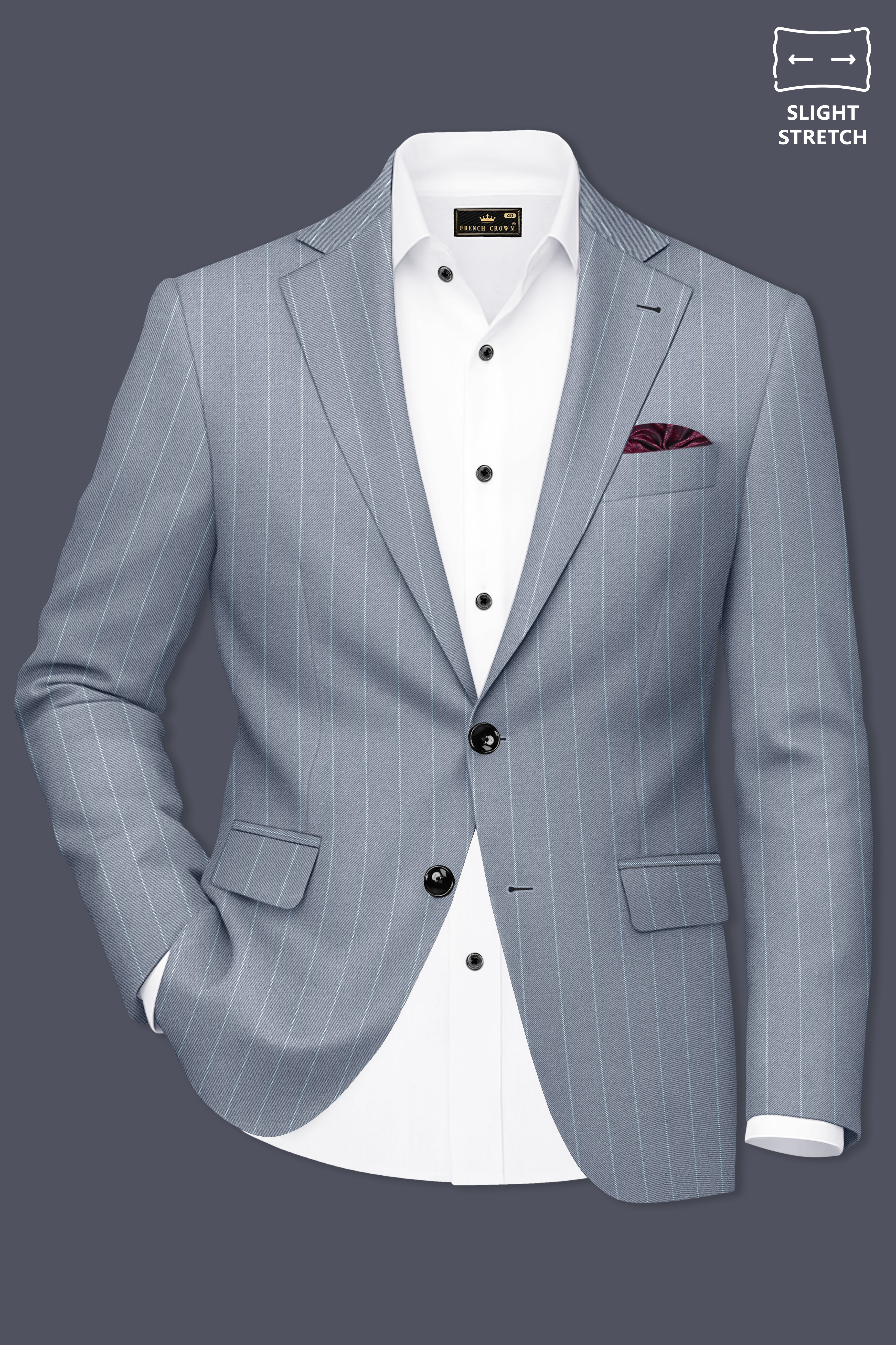Prestige-Regent Gray And Bright White Chalk Striped Wool Rich Slight Stretch Single Breasted Blazer
