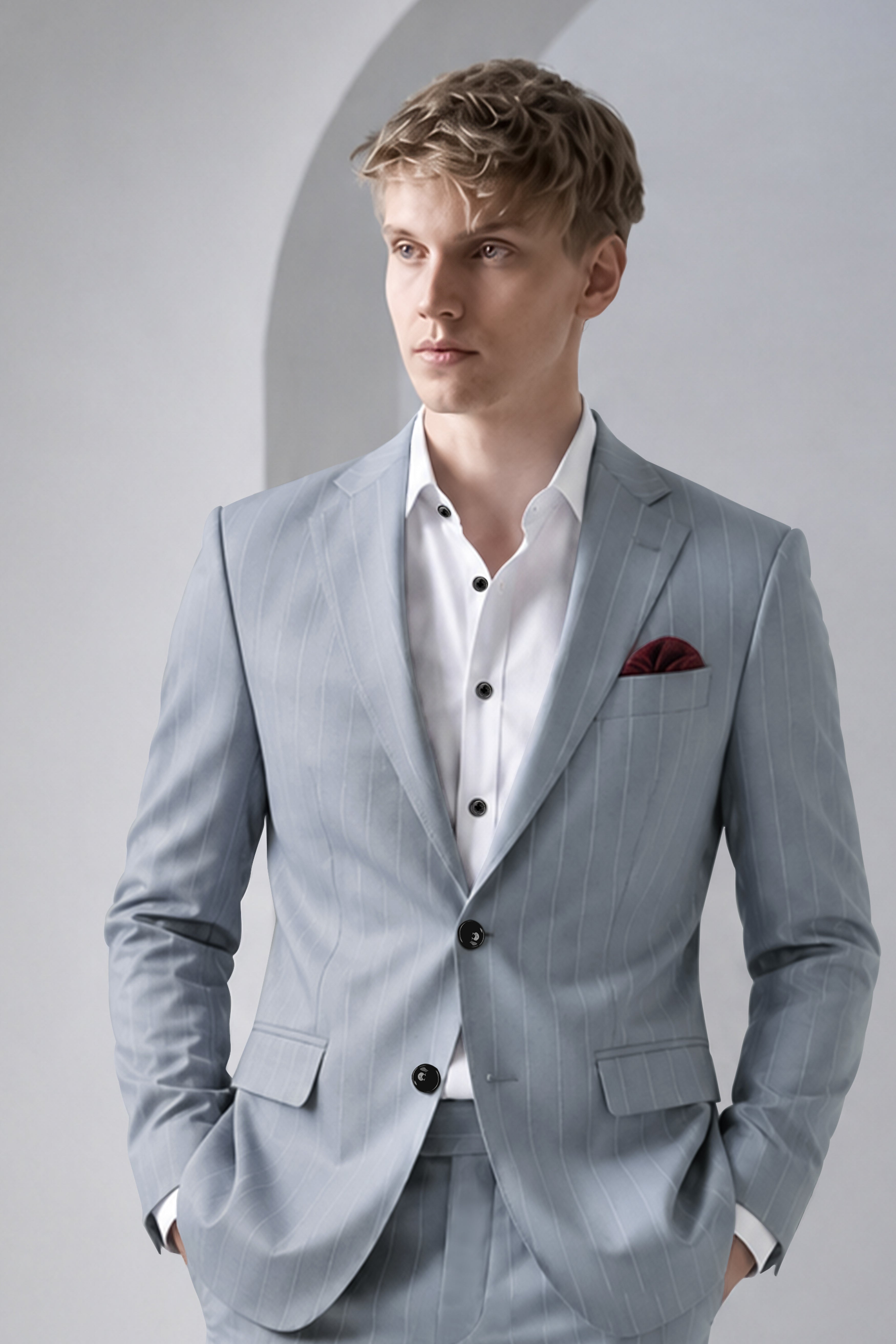 Prestige-Regent Gray And Bright White Chalk Striped Wool Rich Slight Stretch Single Breasted Blazer