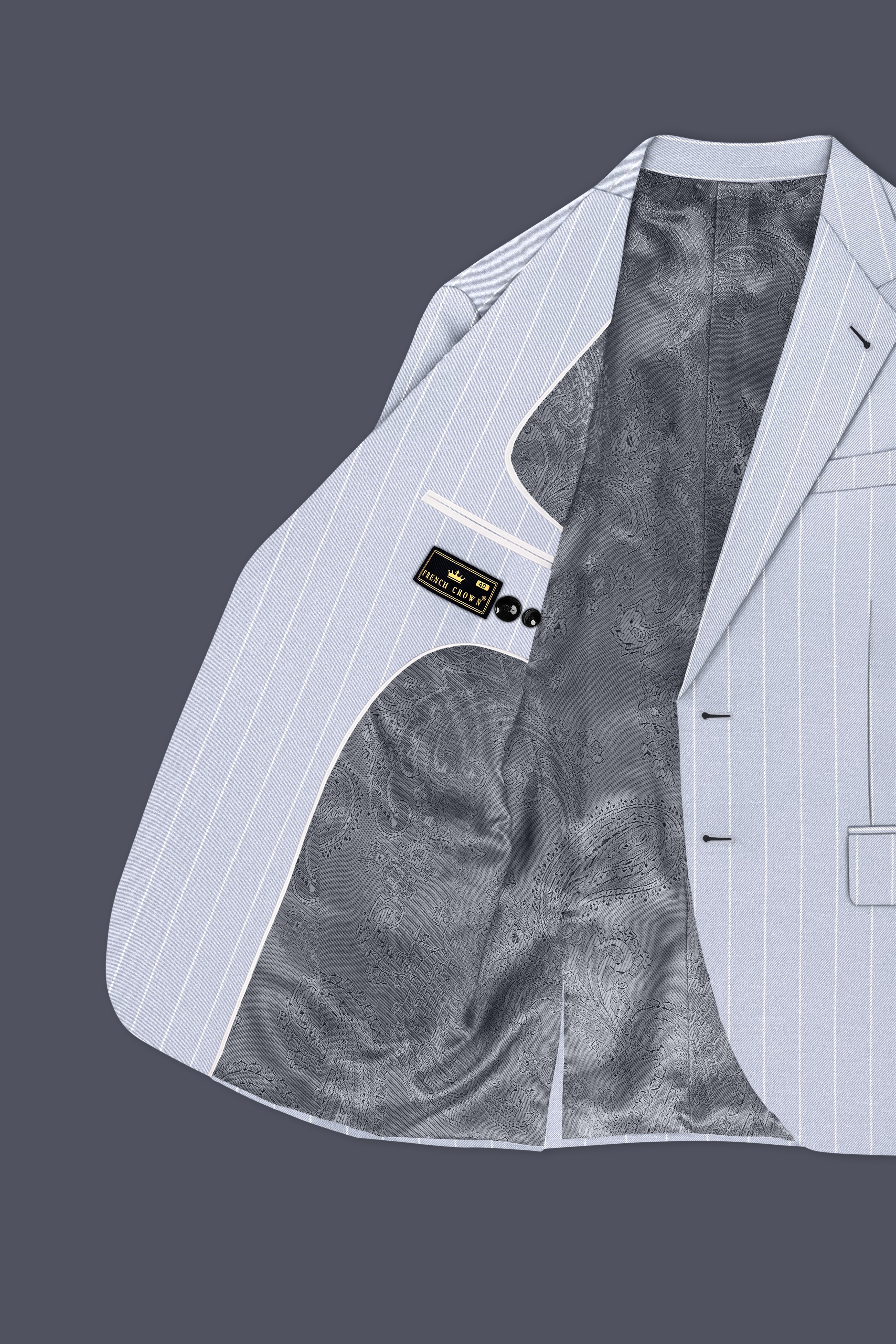 Axiom-Loblolly Gray And Bright White Chalk Striped Wool Rich Slight Stretch Single Breasted Blazer