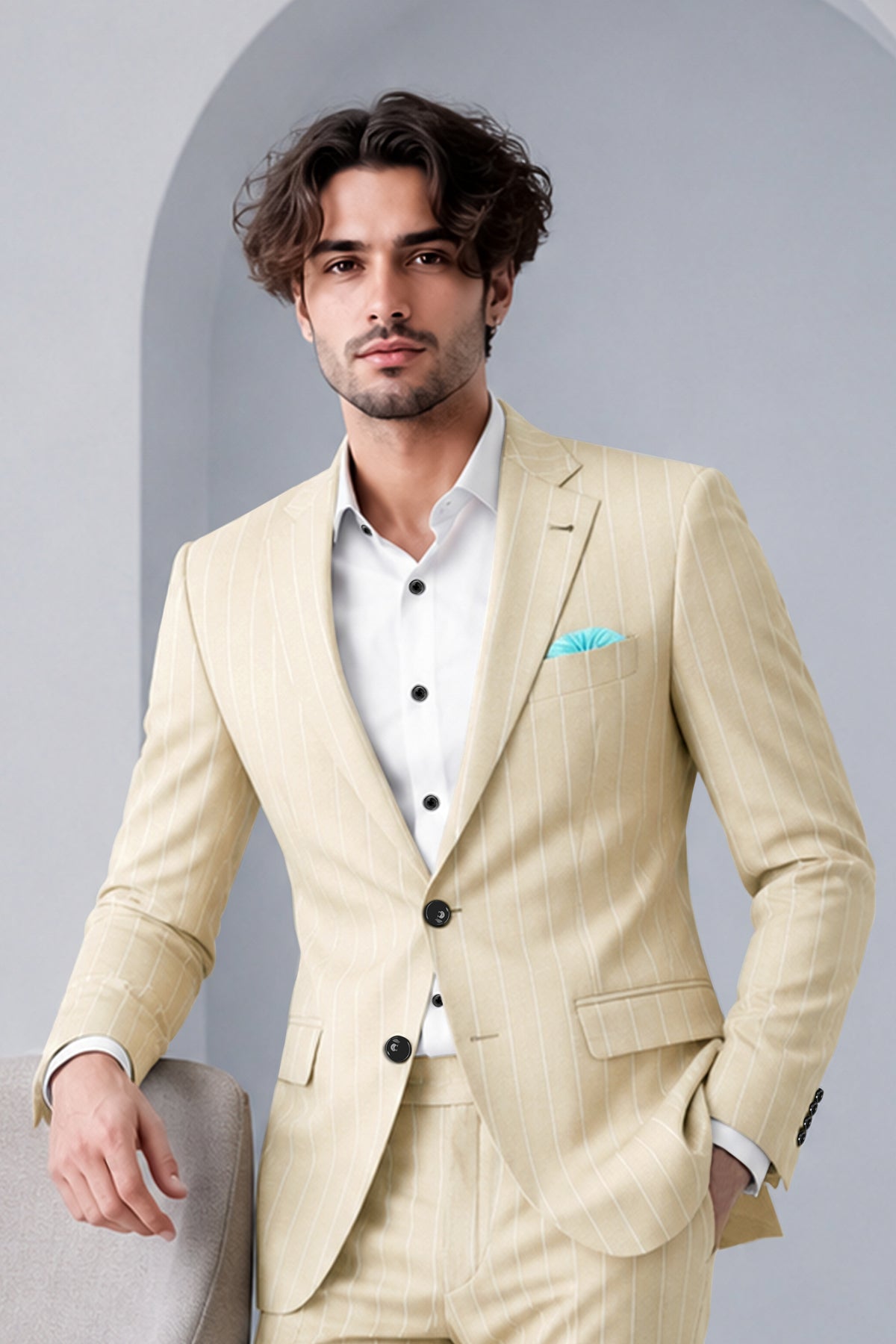Lumier-Akaroa Cream And Bright White Chalk Striped Wool Rich Slight Stretch Single Breasted Blazer