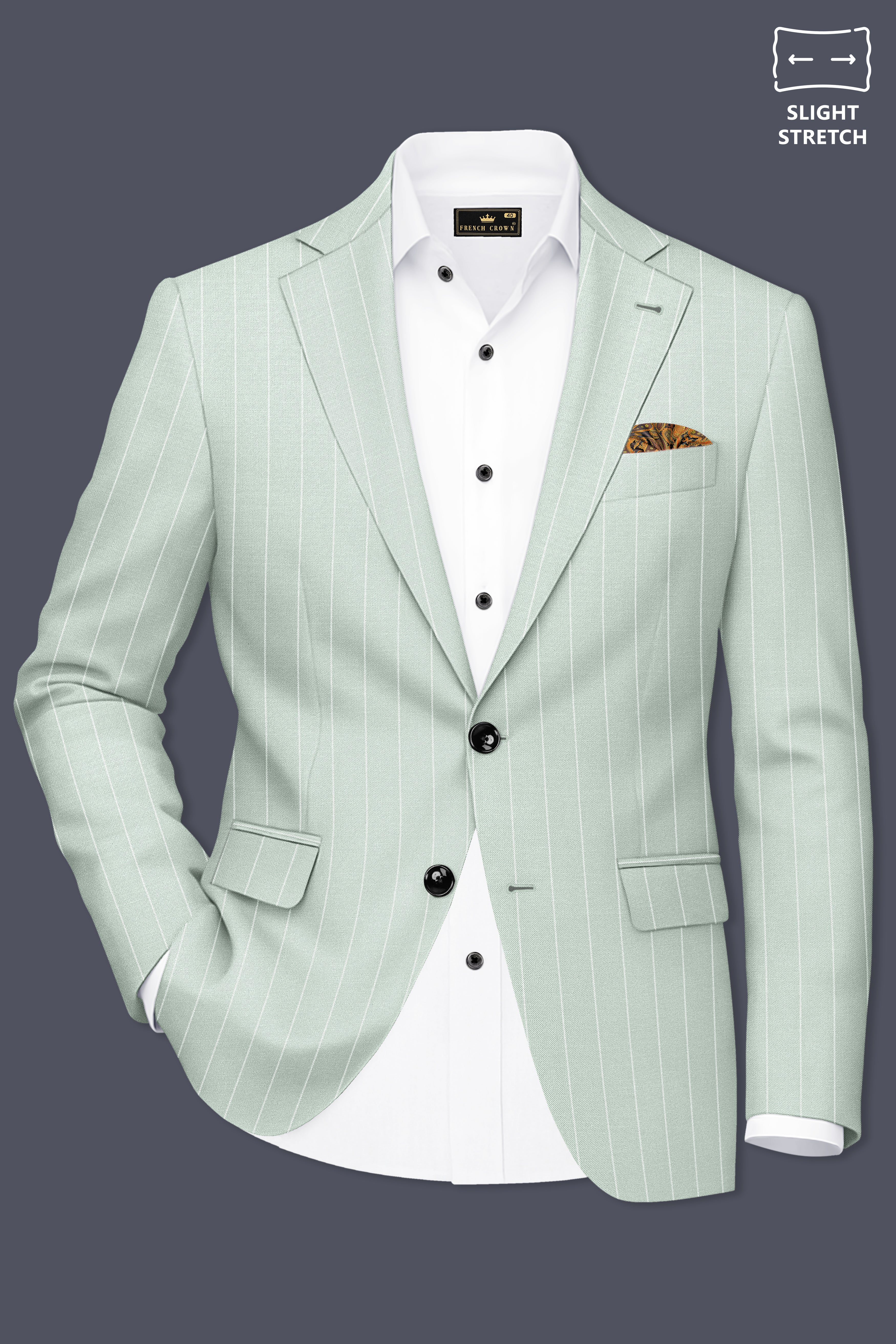 Halcyon-Pale Leaf Green And Bright White Chalk Striped Wool Rich Slight Stretch Single Breasted Blazer