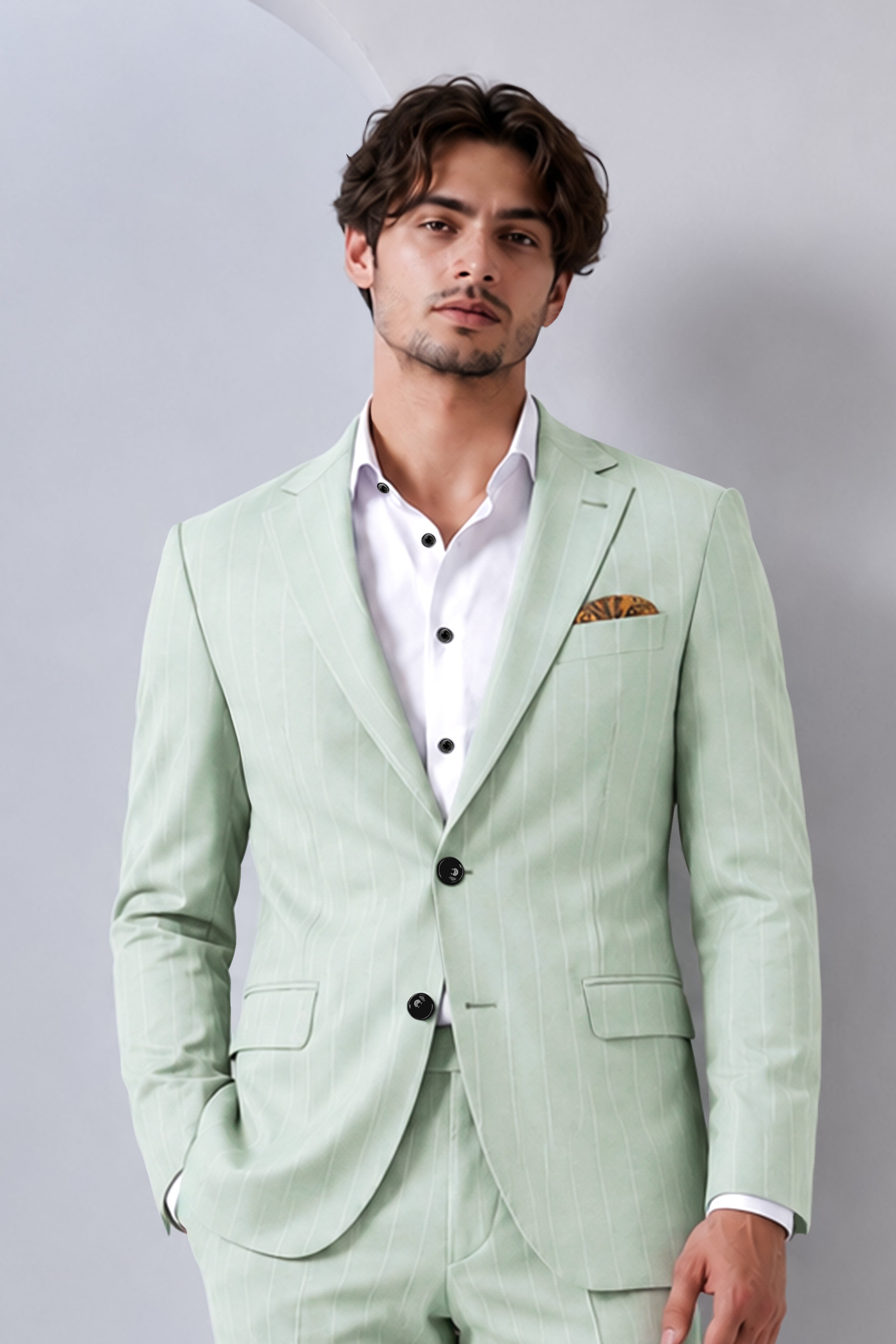 Halcyon-Pale Leaf Green And Bright White Chalk Striped Wool Rich Slight Stretch Single Breasted Blazer