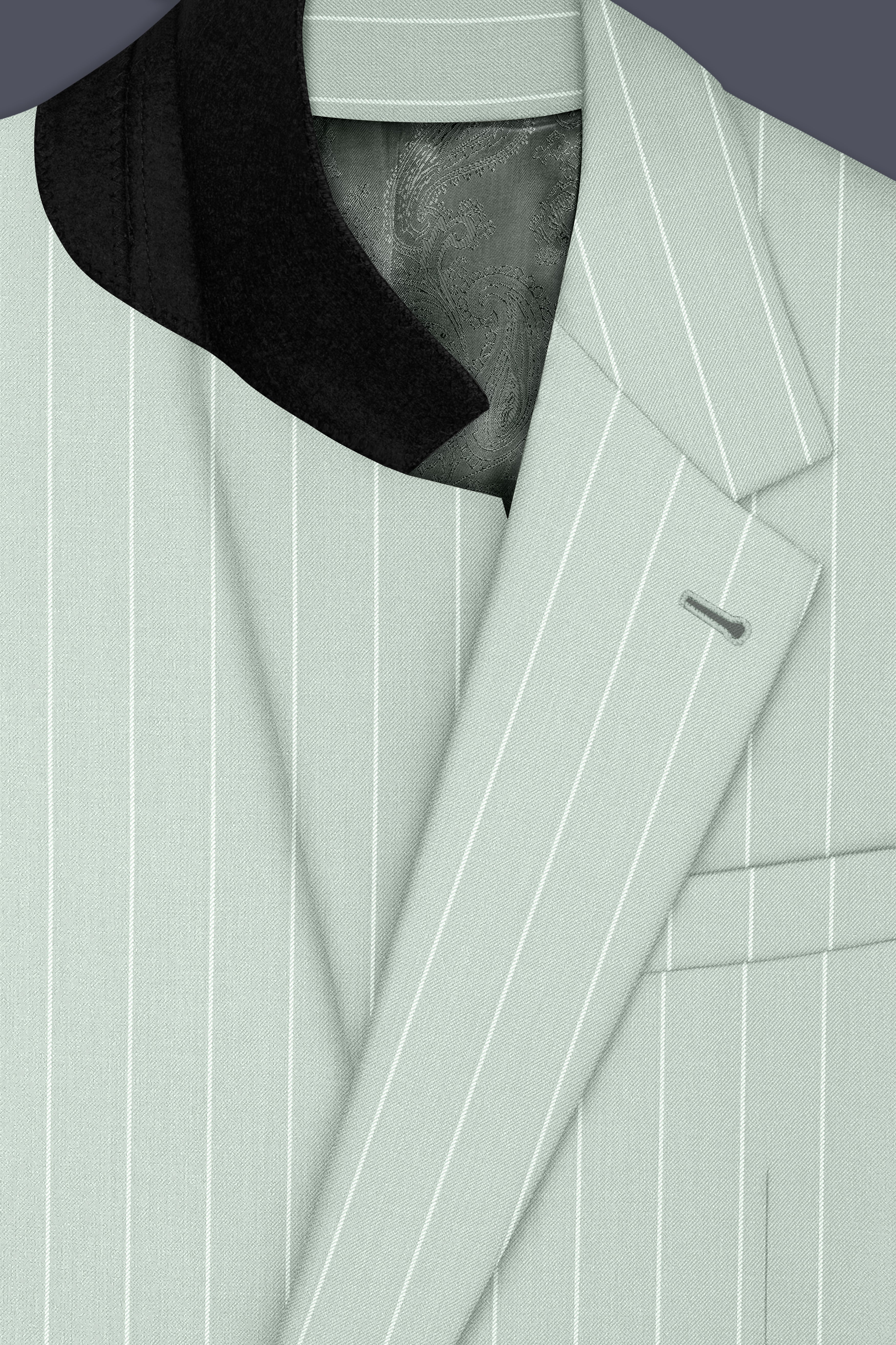 Halcyon-Pale Leaf Green And Bright White Chalk Striped Wool Rich Slight Stretch Single Breasted Blazer