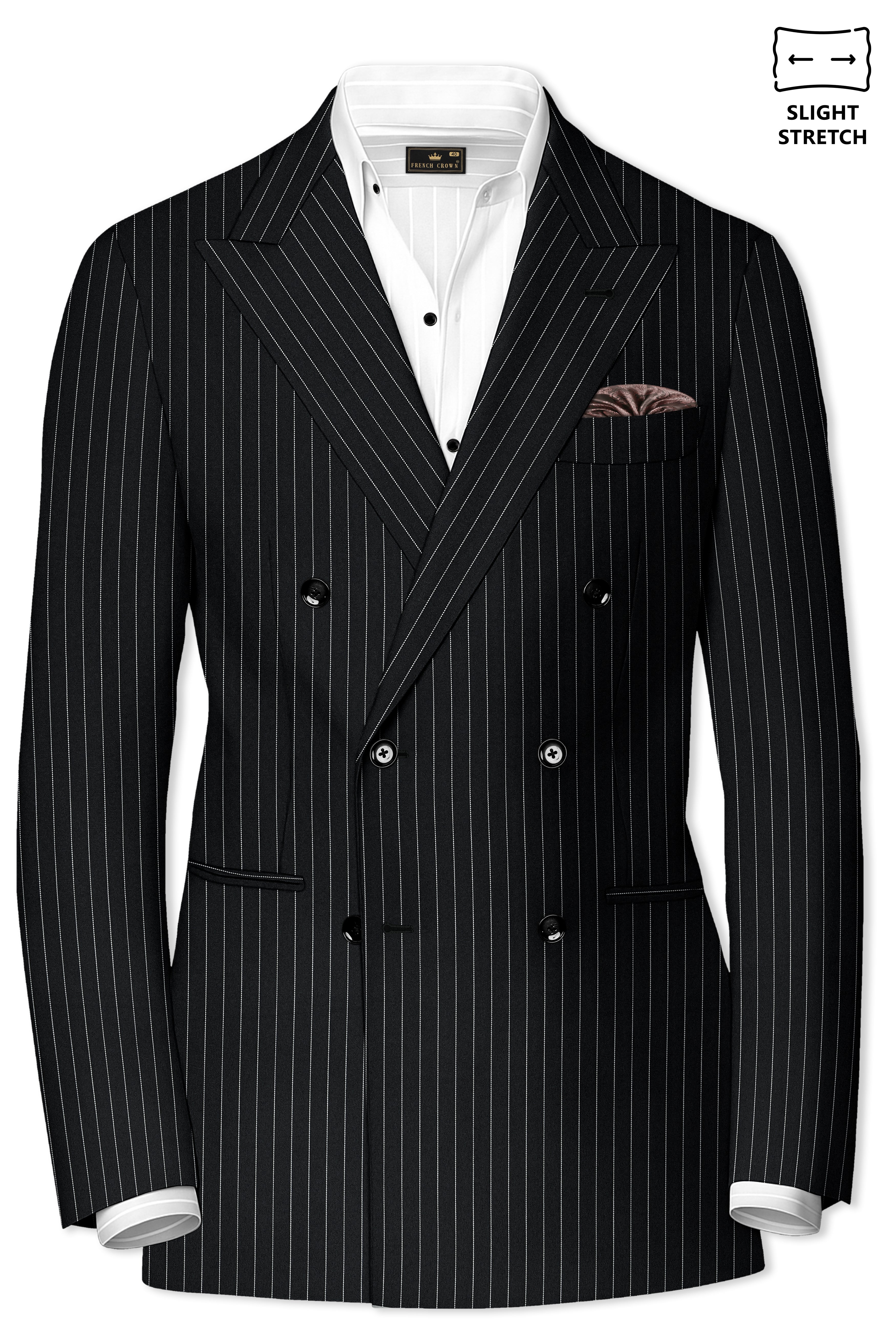Strivon-Jade Black And Bright White Chalk Striped Wool Rich Slight Stretch Double Breasted Blazer