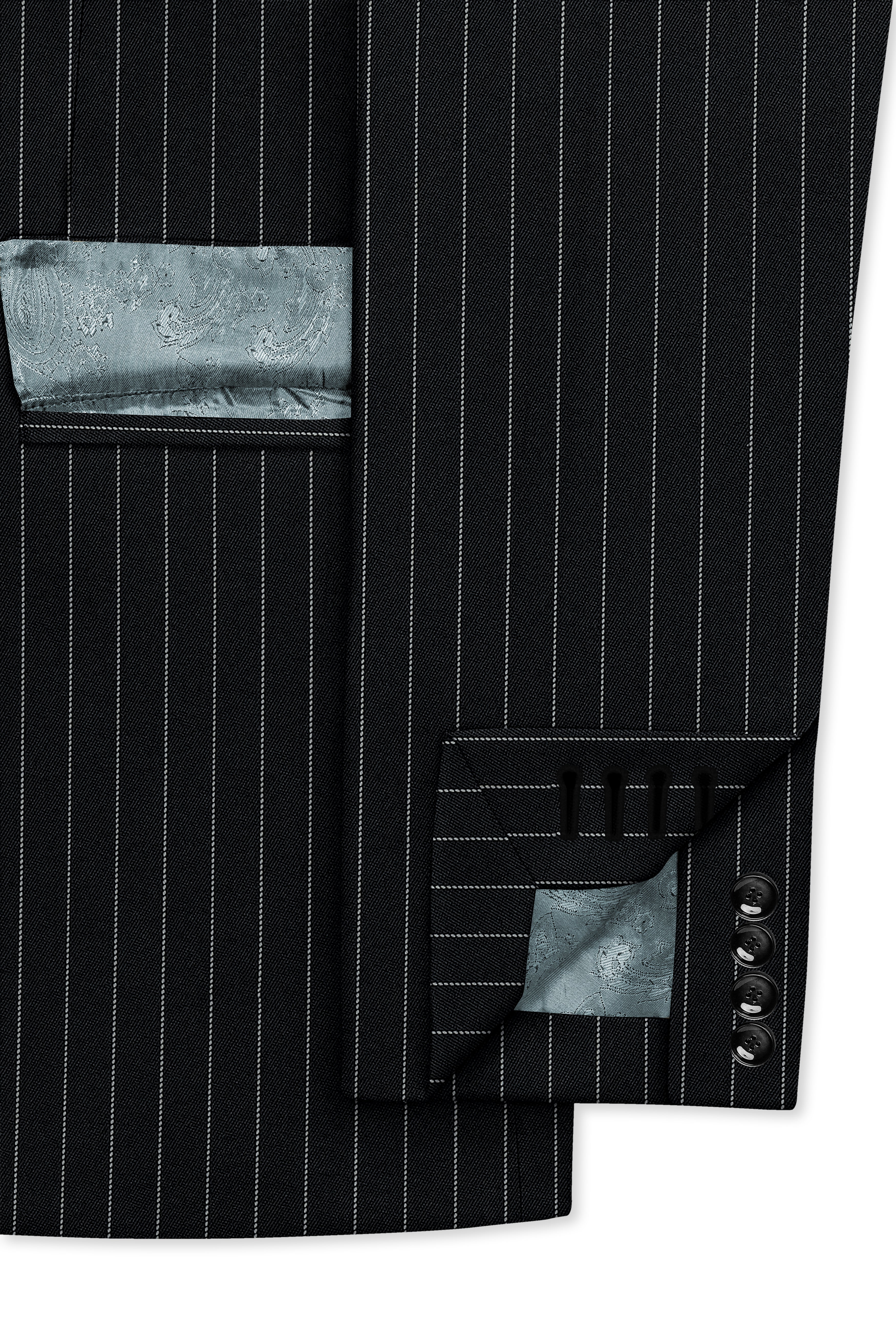 Strivon-Jade Black And Bright White Chalk Striped Wool Rich Slight Stretch Double Breasted Blazer