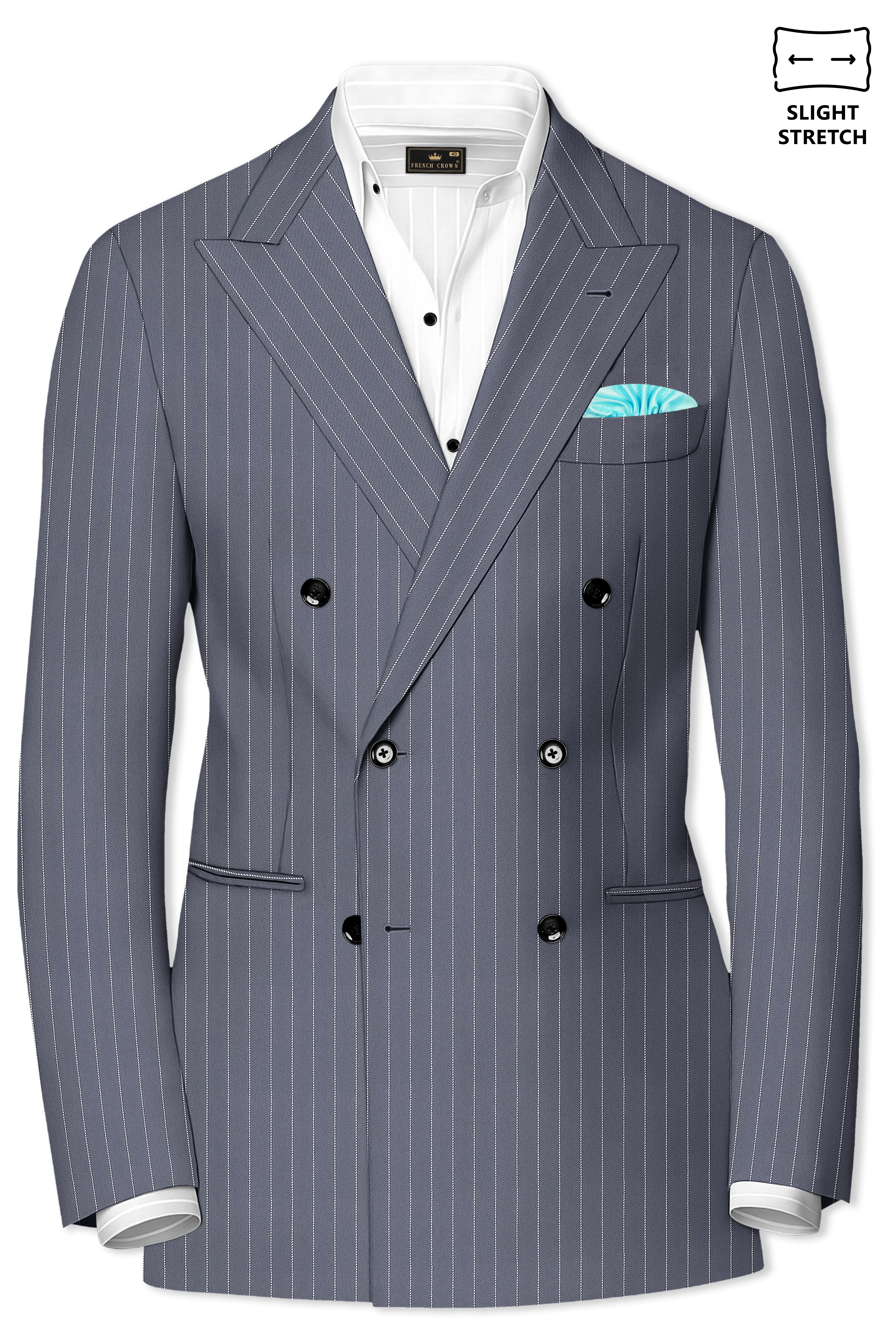 Monarch-Shark Gray And Bright White Chalk Striped Wool Rich Slight Stretch Double Breasted Blazer