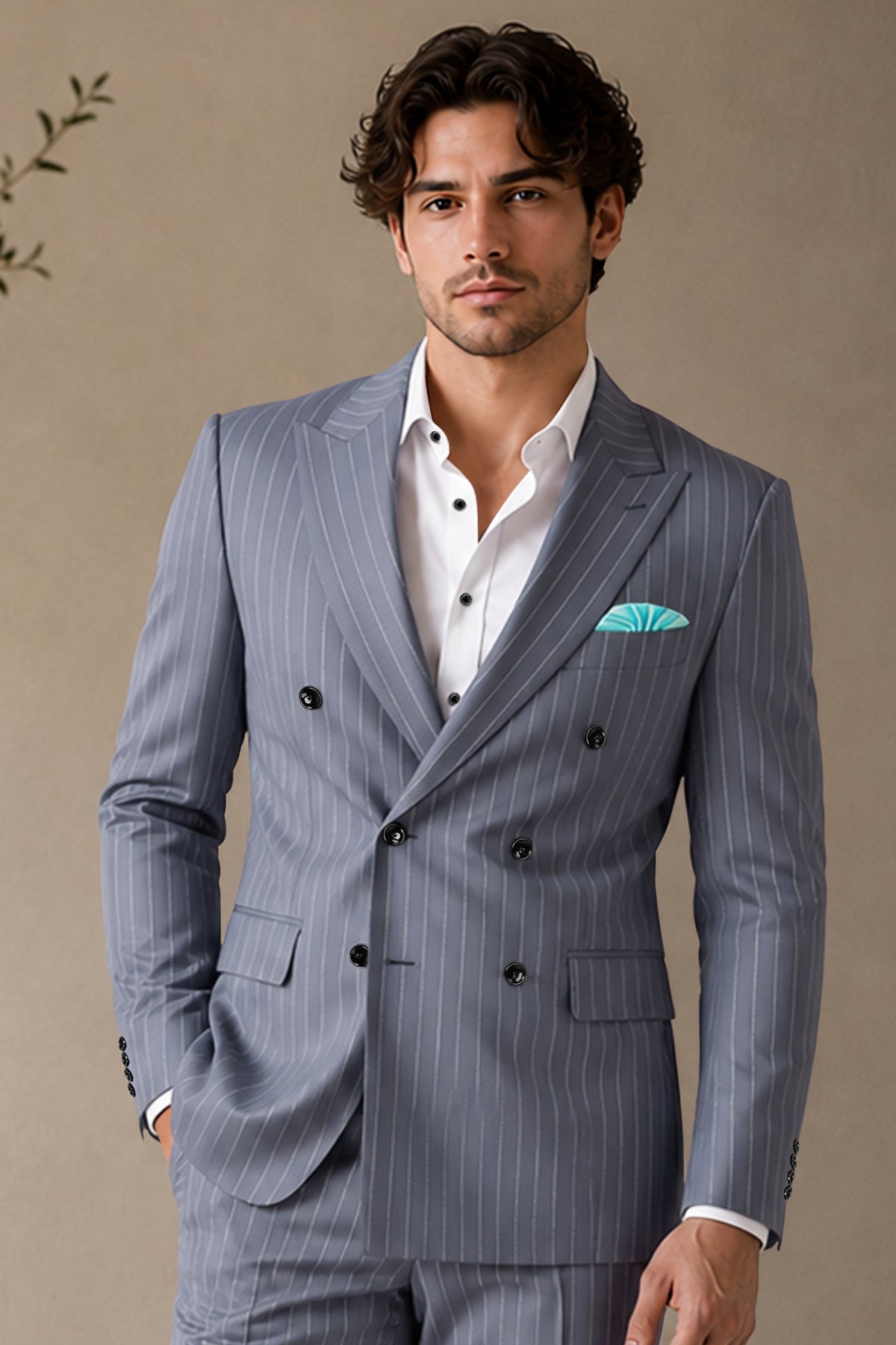 Monarch-Shark Gray And Bright White Chalk Striped Wool Rich Slight Stretch Double Breasted Blazer
