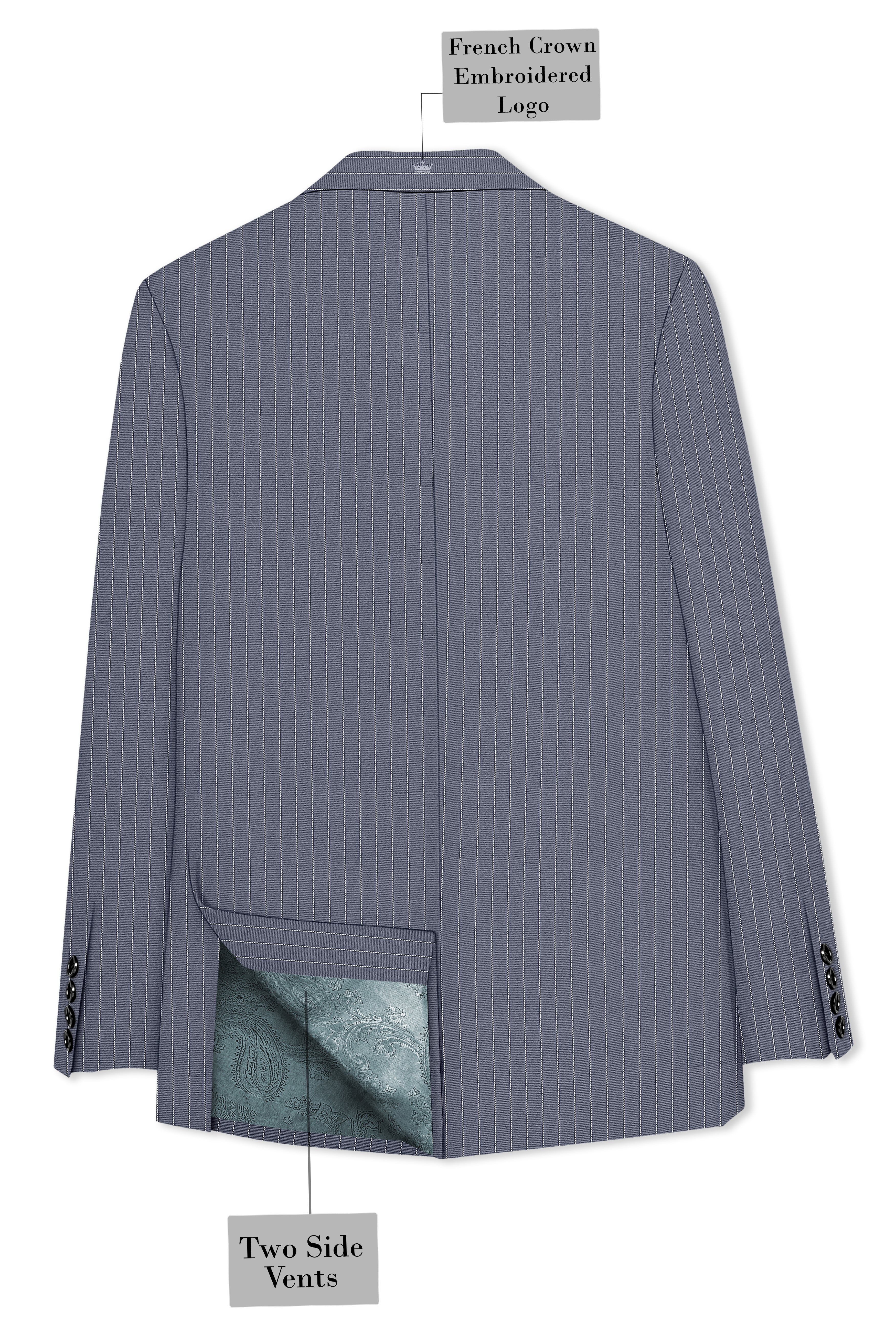 Monarch-Shark Gray And Bright White Chalk Striped Wool Rich Slight Stretch Double Breasted Blazer