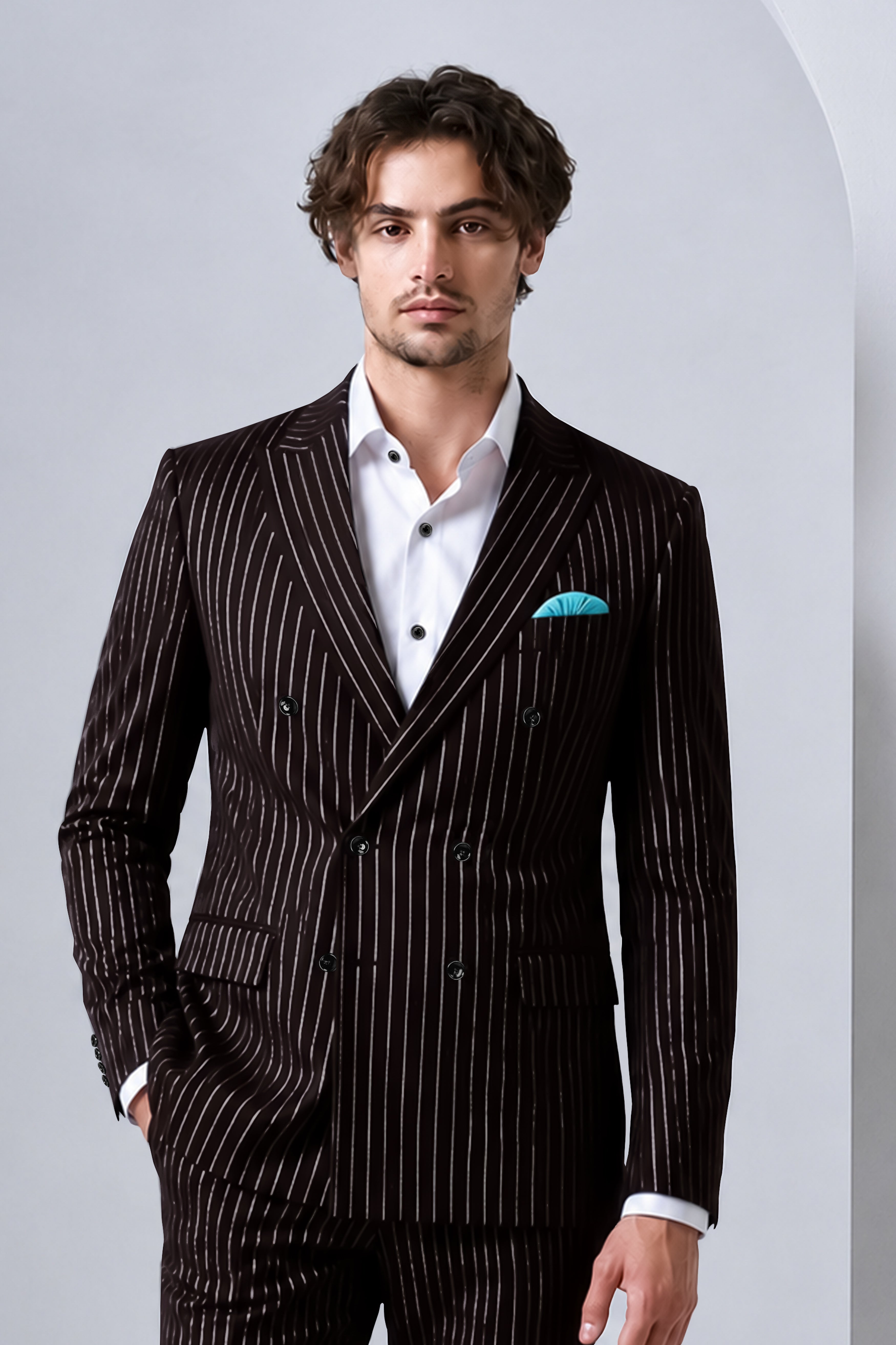 Bastion-Gondola Brown And Bright White Chalk Striped Wool Rich Slight Stretch Double Breasted Blazer