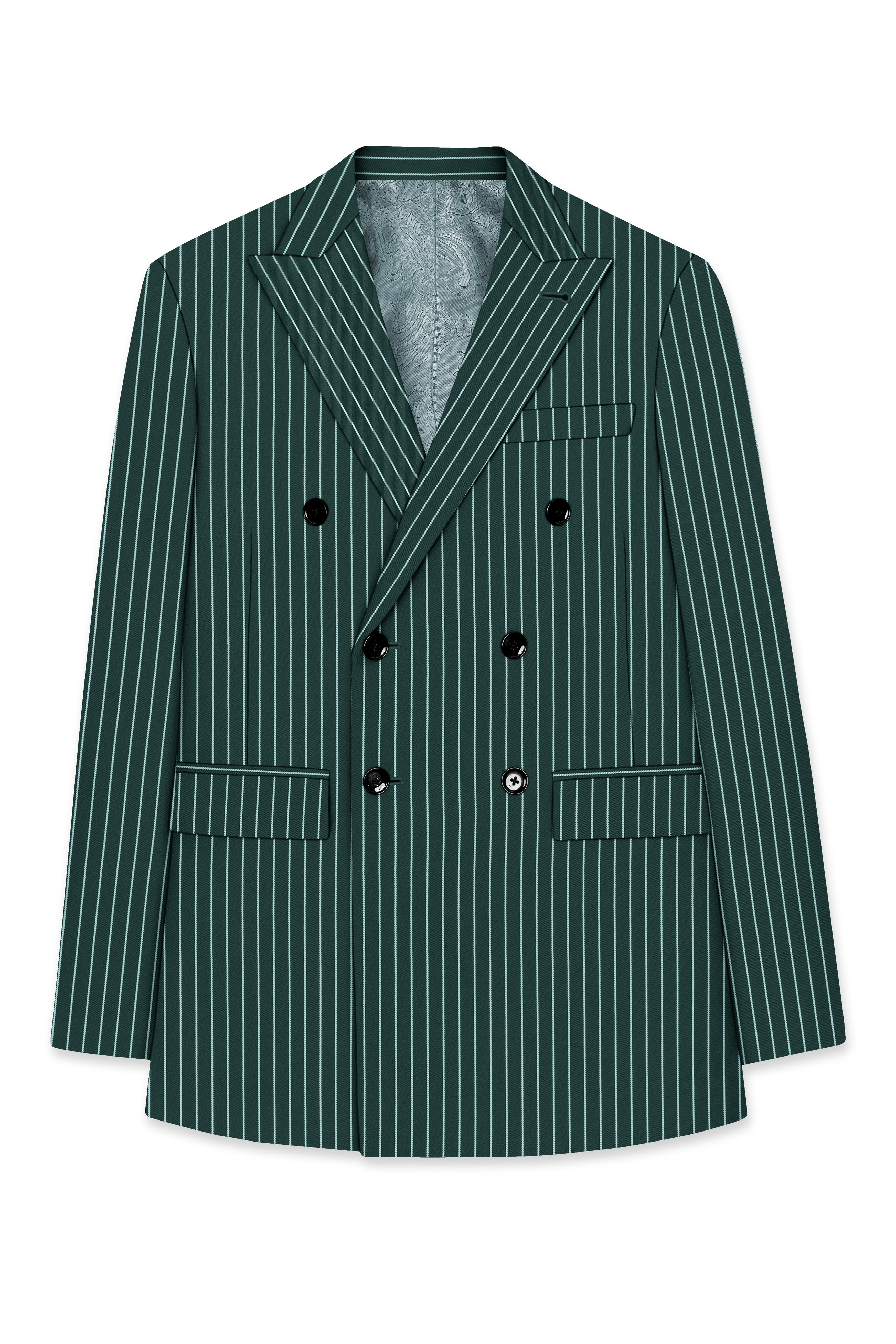 Forenza-Jungle Green And Bright White Chalk Striped Wool Rich Slight Stretch Double Breasted Blazer
