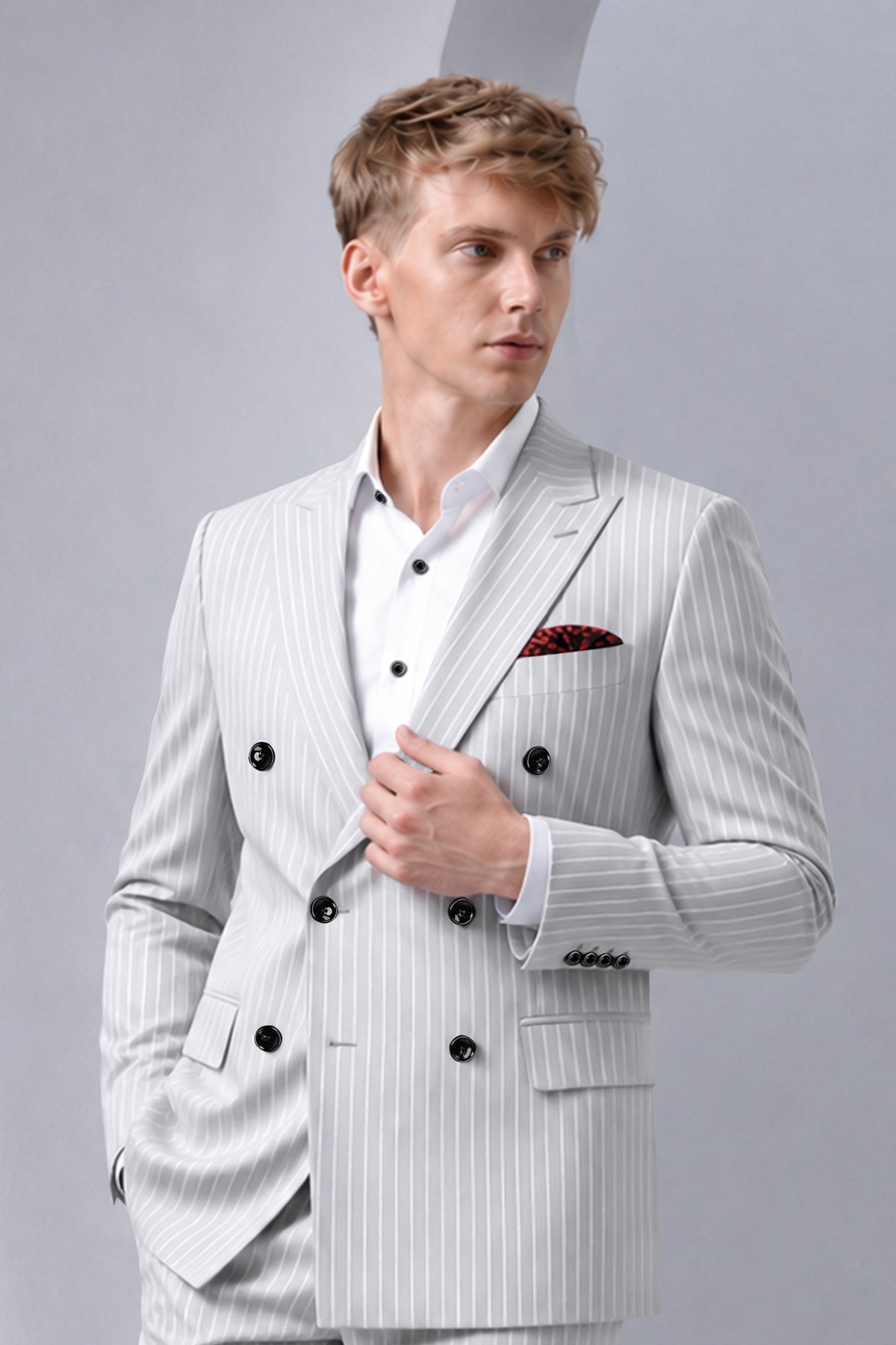 Sterlan-Goose Gray And Bright White Chalk Striped Wool Rich Slight Stretch Double Breasted Blazer