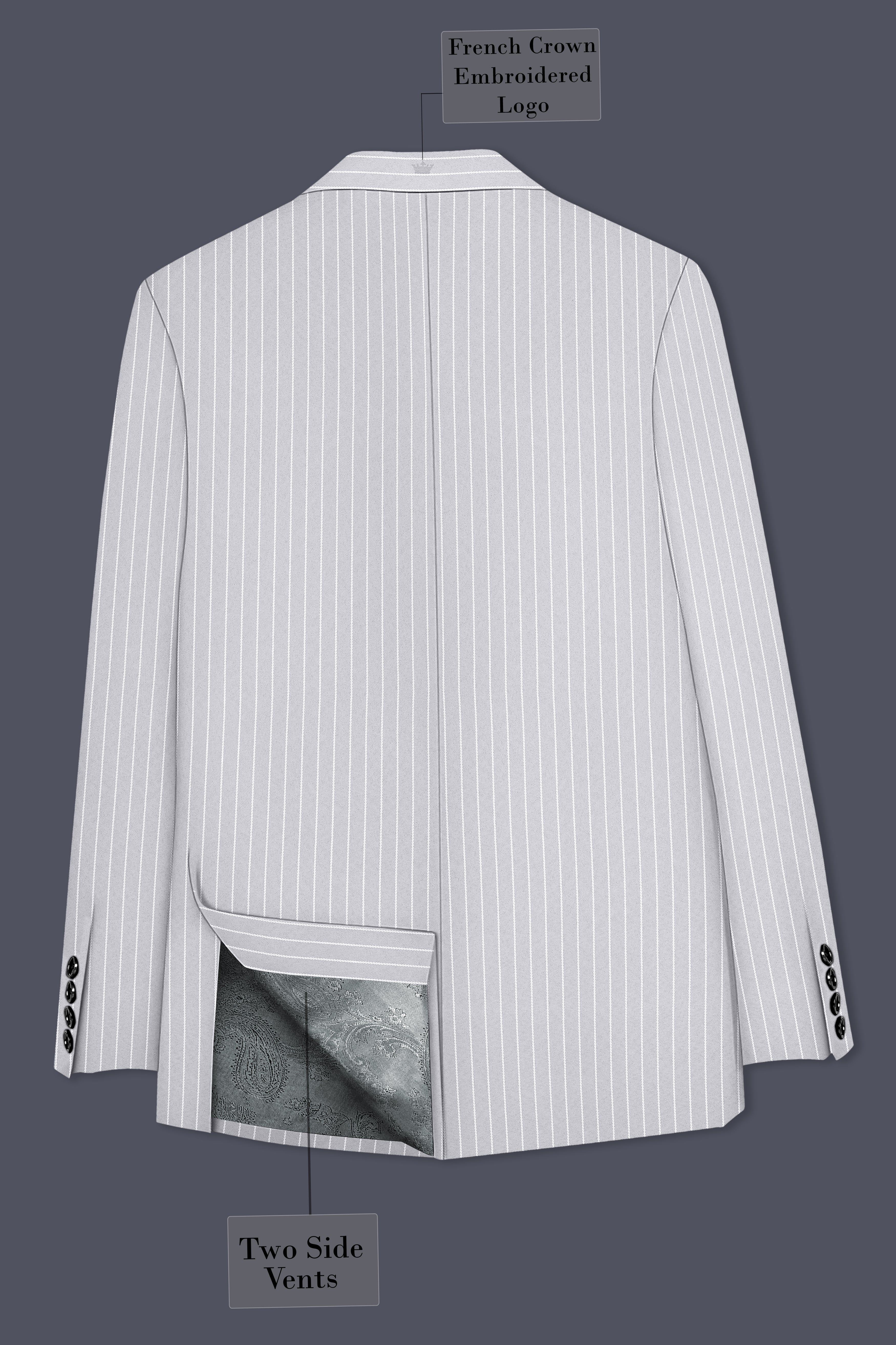 Sterlan-Goose Gray And Bright White Chalk Striped Wool Rich Slight Stretch Double Breasted Blazer