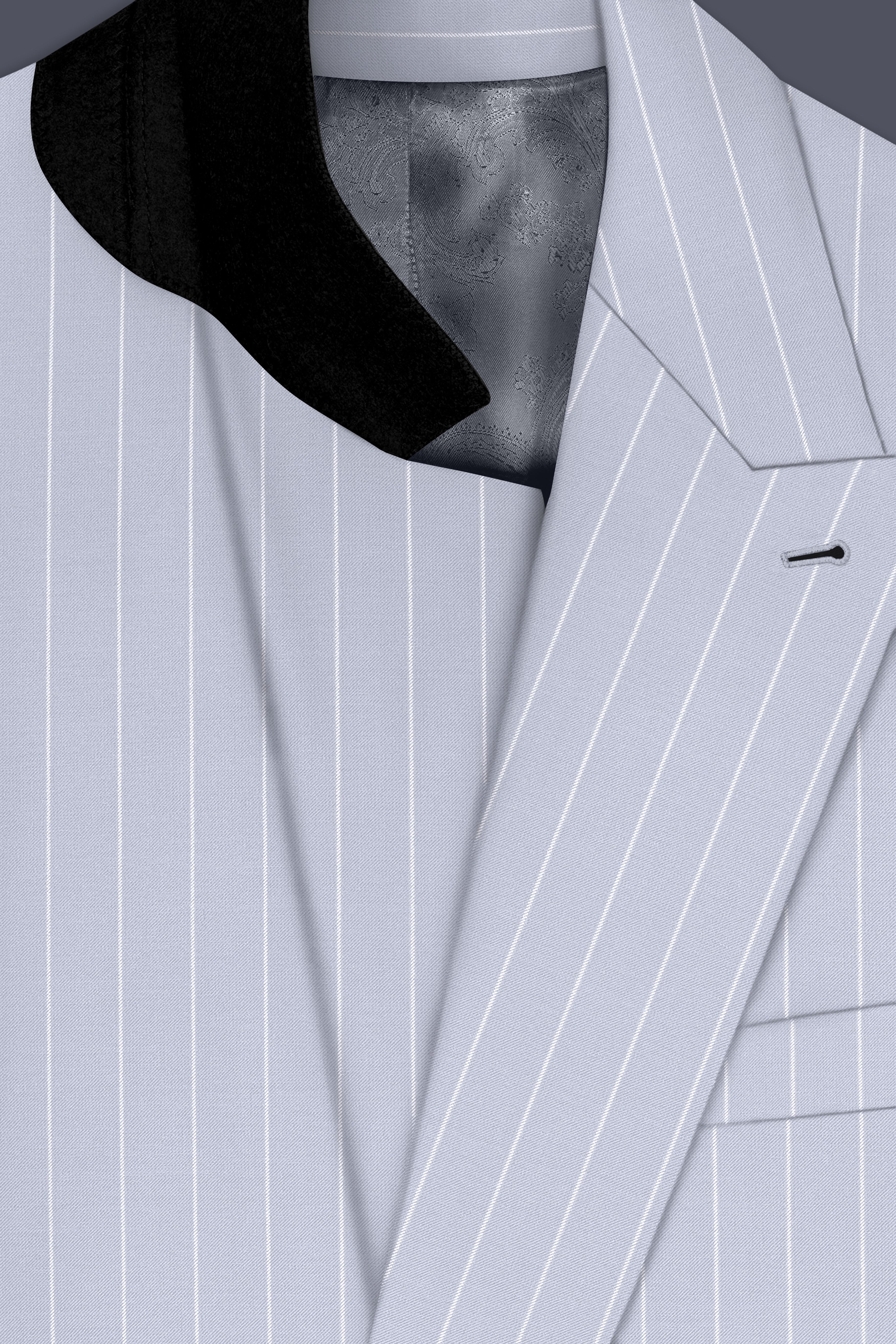 Axiom-Loblolly Gray And Bright White Chalk Striped Wool Rich Slight Stretch Double Breasted Blazer