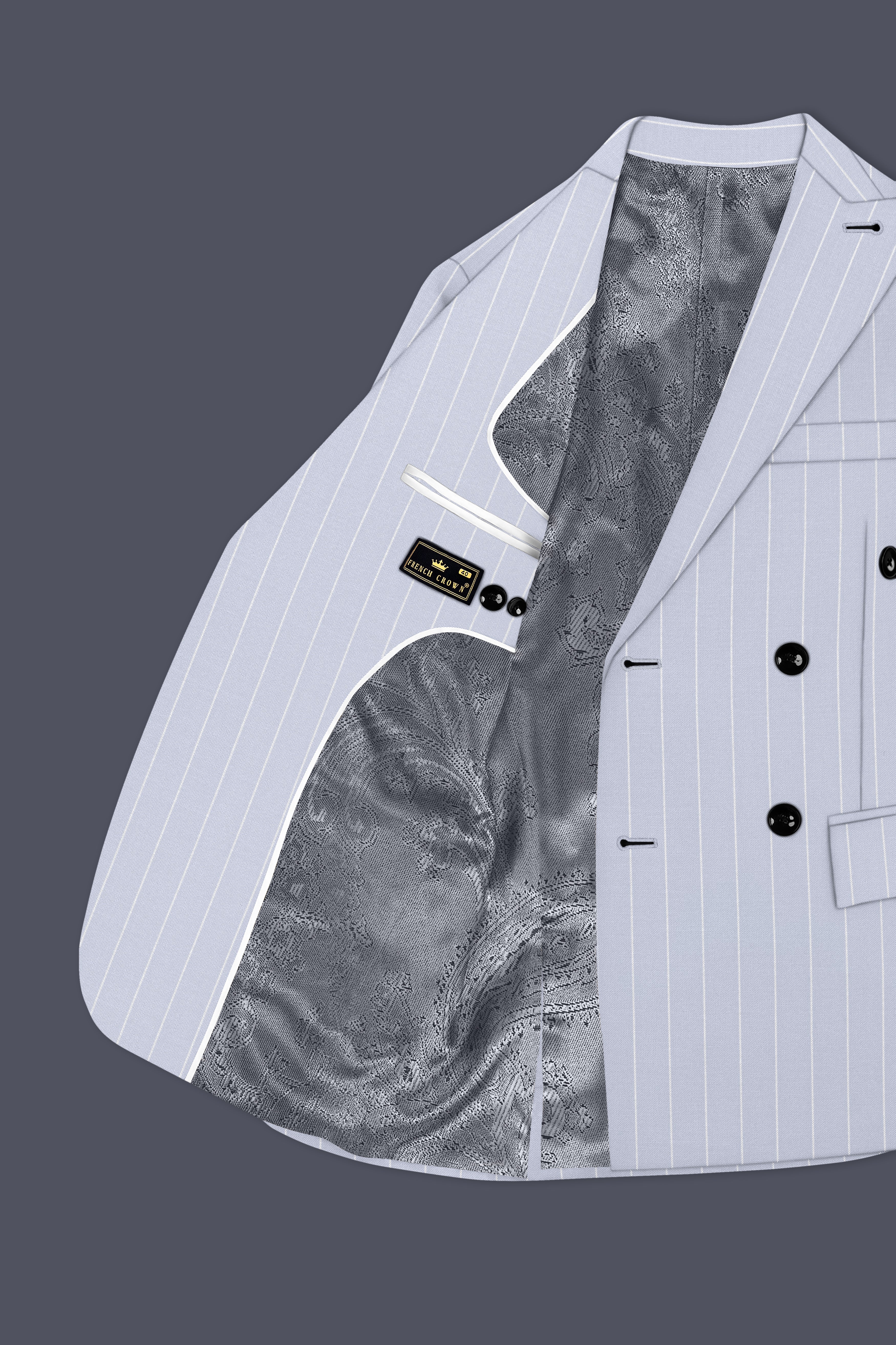 Axiom-Loblolly Gray And Bright White Chalk Striped Wool Rich Slight Stretch Double Breasted Blazer