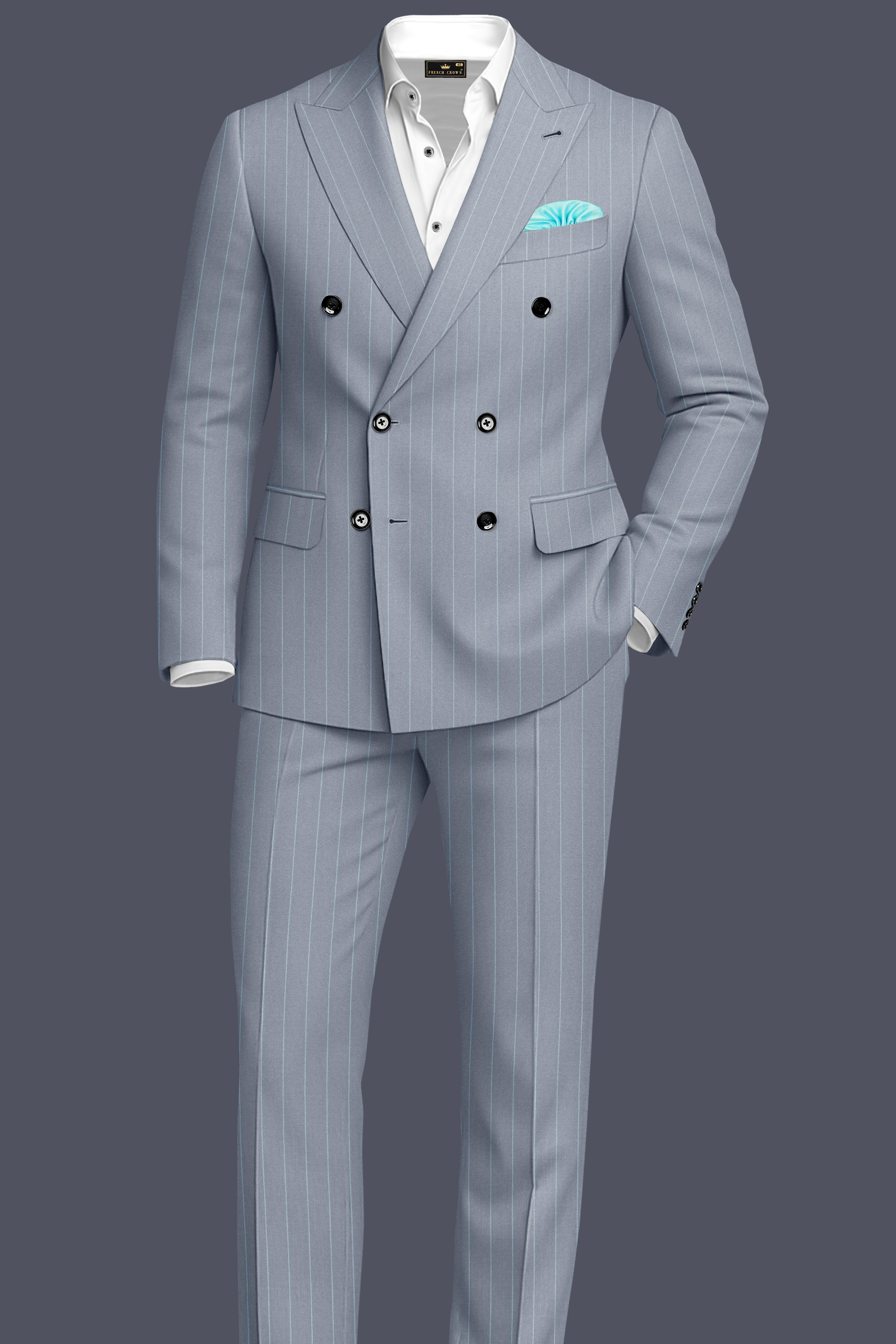 Prestige-Regent Gray And Bright White Chalk Striped Wool Rich Slight Stretch Double Breasted Blazer