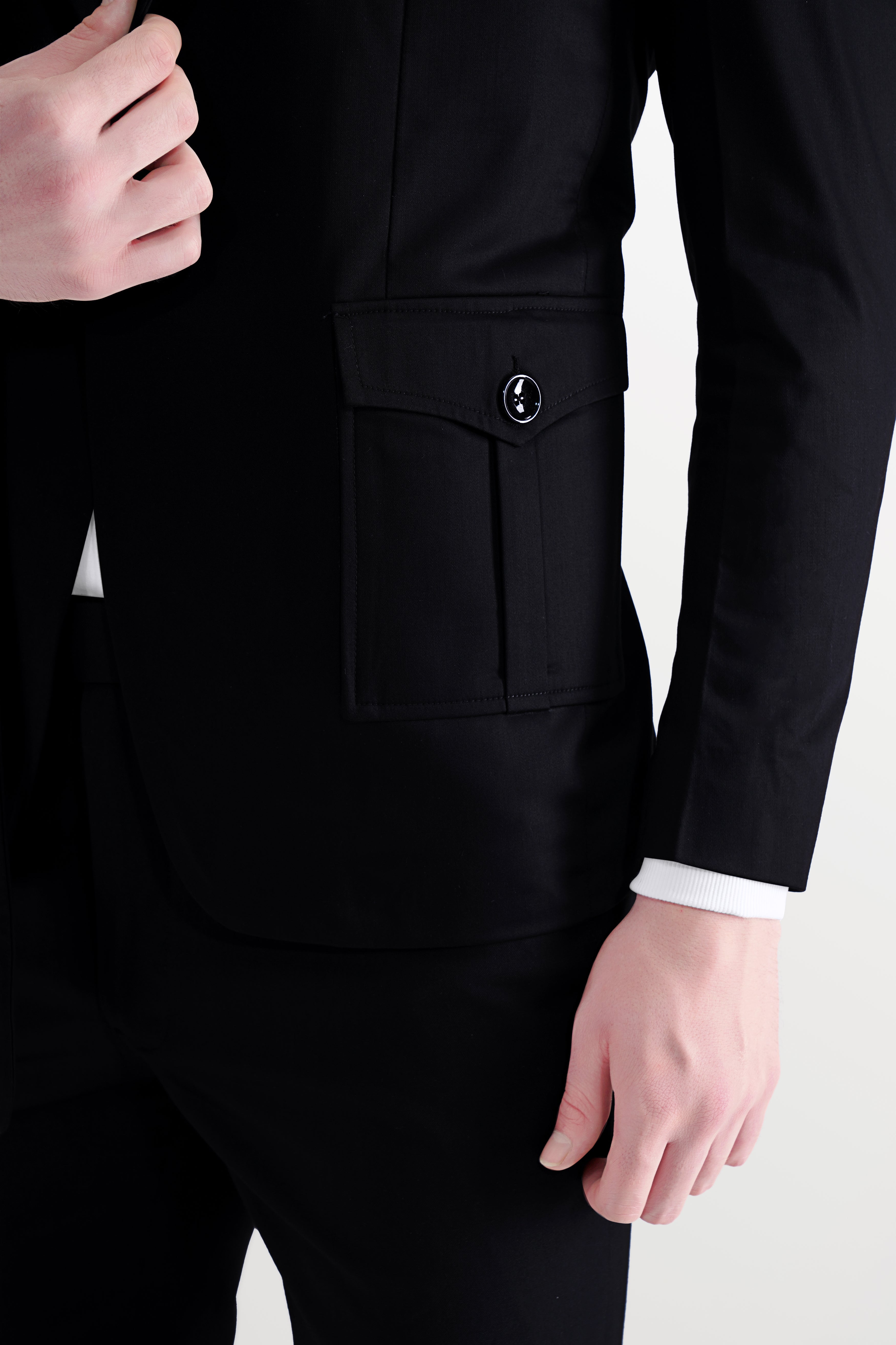 Jade Black Stretchable Subtle Sheen Patch Pockets Sport Blazer