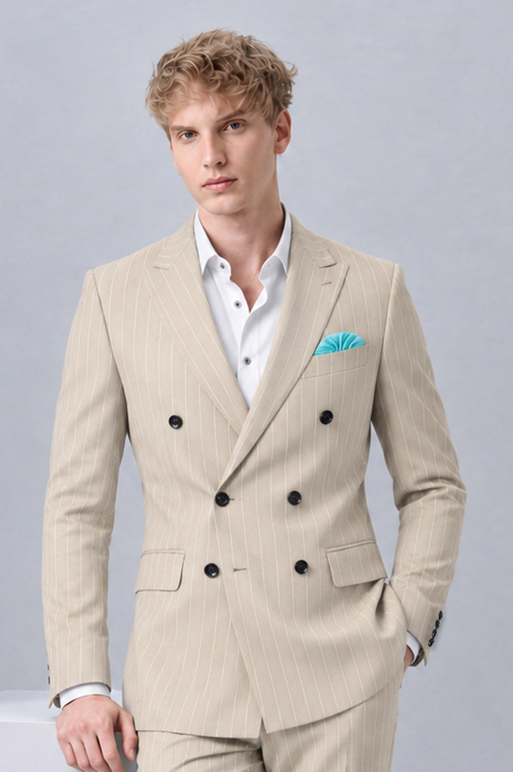 Lumier-Akaroa Cream And Bright White Chalk Striped Wool Rich Slight Stretch Double Breasted Blazer