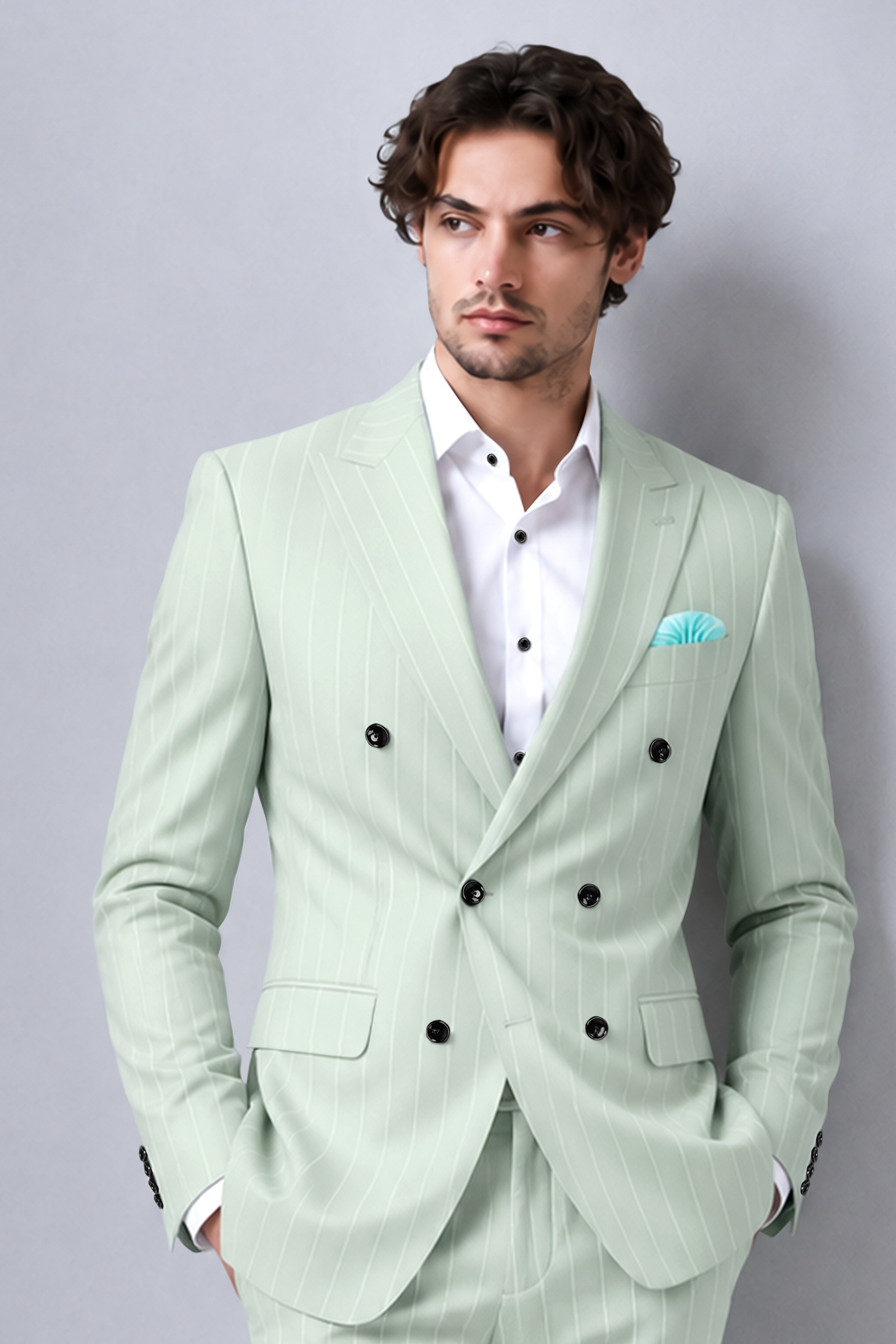 Halcyon-Pale Leaf Green And Bright White Chalk Striped Wool Rich Slight Stretch Double Breasted Blazer