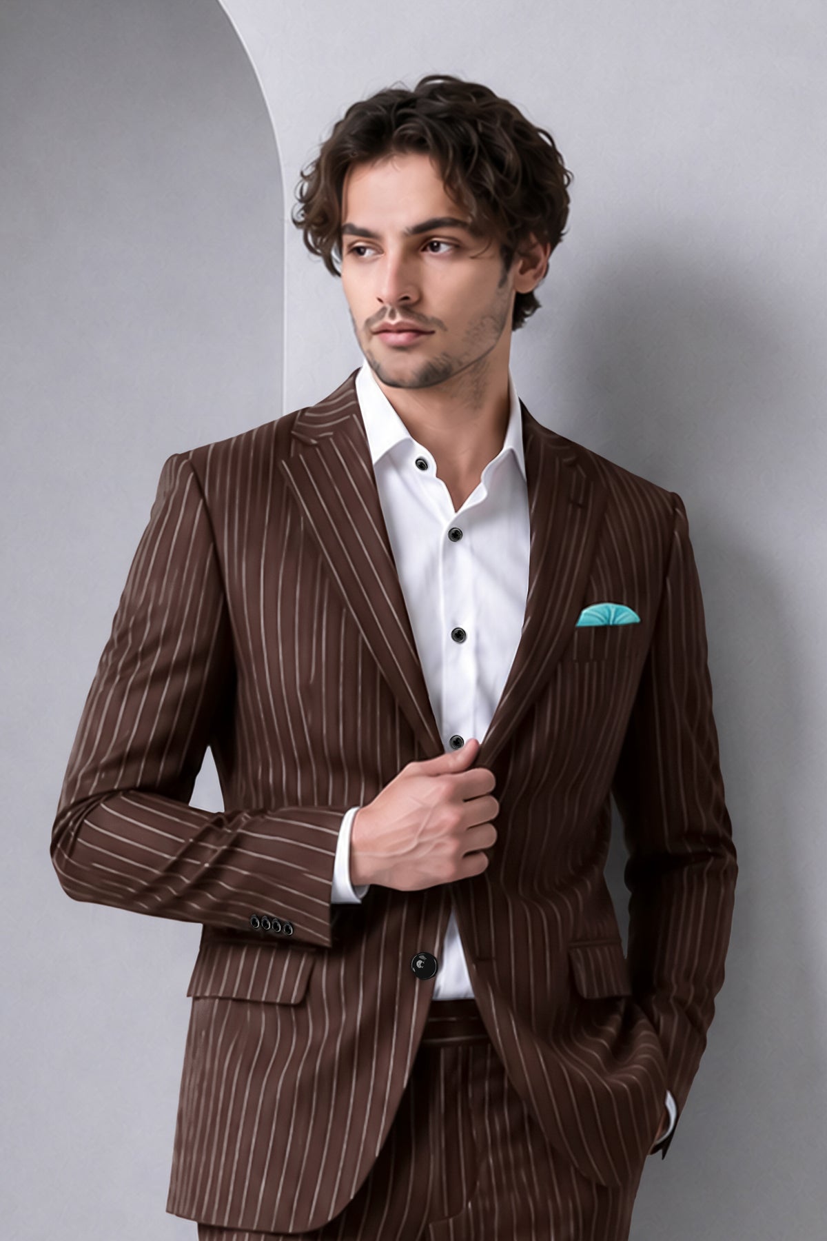 Bristol-Bistre Brown And Bright White Chalk Striped Wool Rich Slight Stretch Single Breasted Blazer