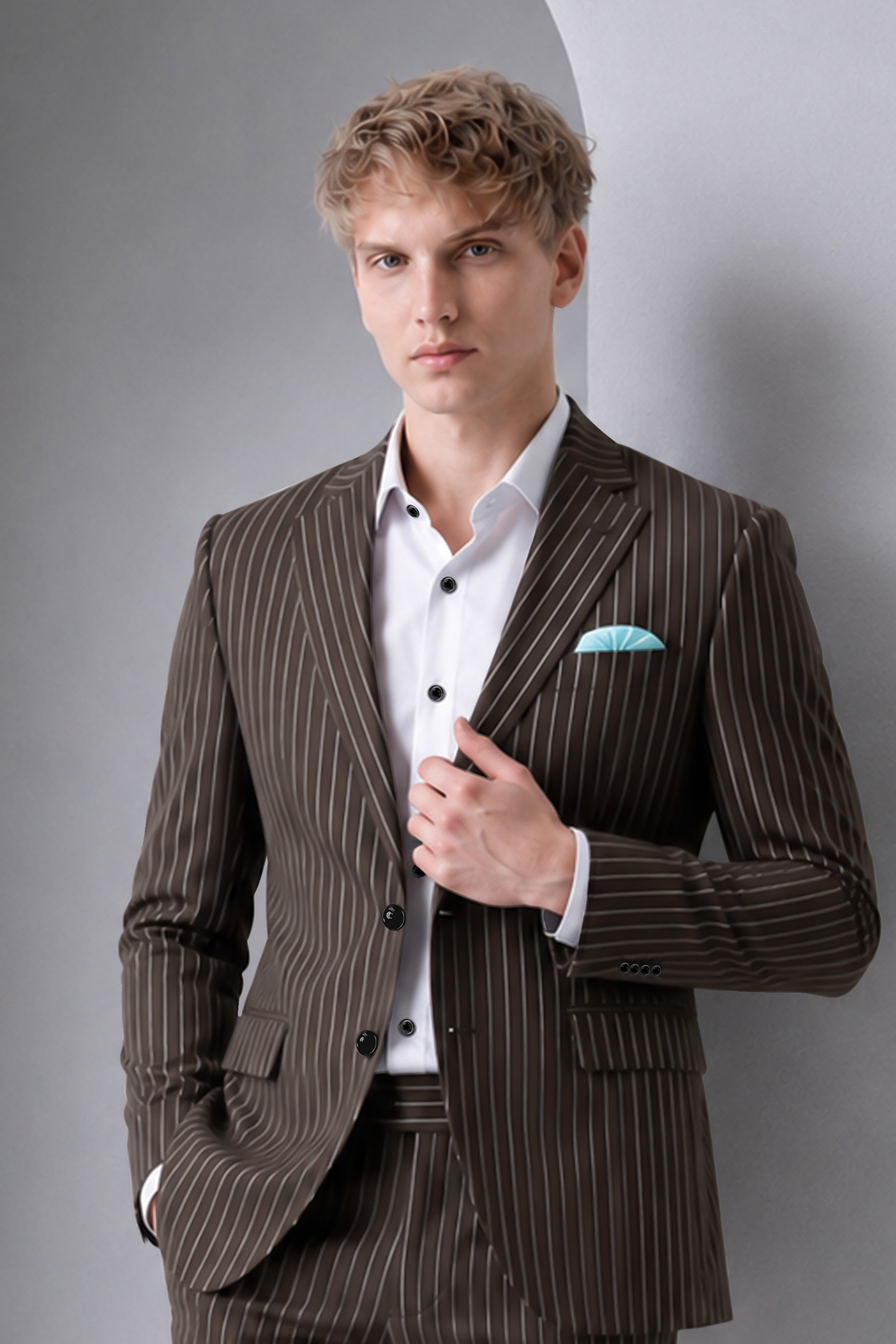 Sovereign-Umber Brown And Bright White Chalk Striped Wool Rich Slight Stretch Single Breasted Blazer