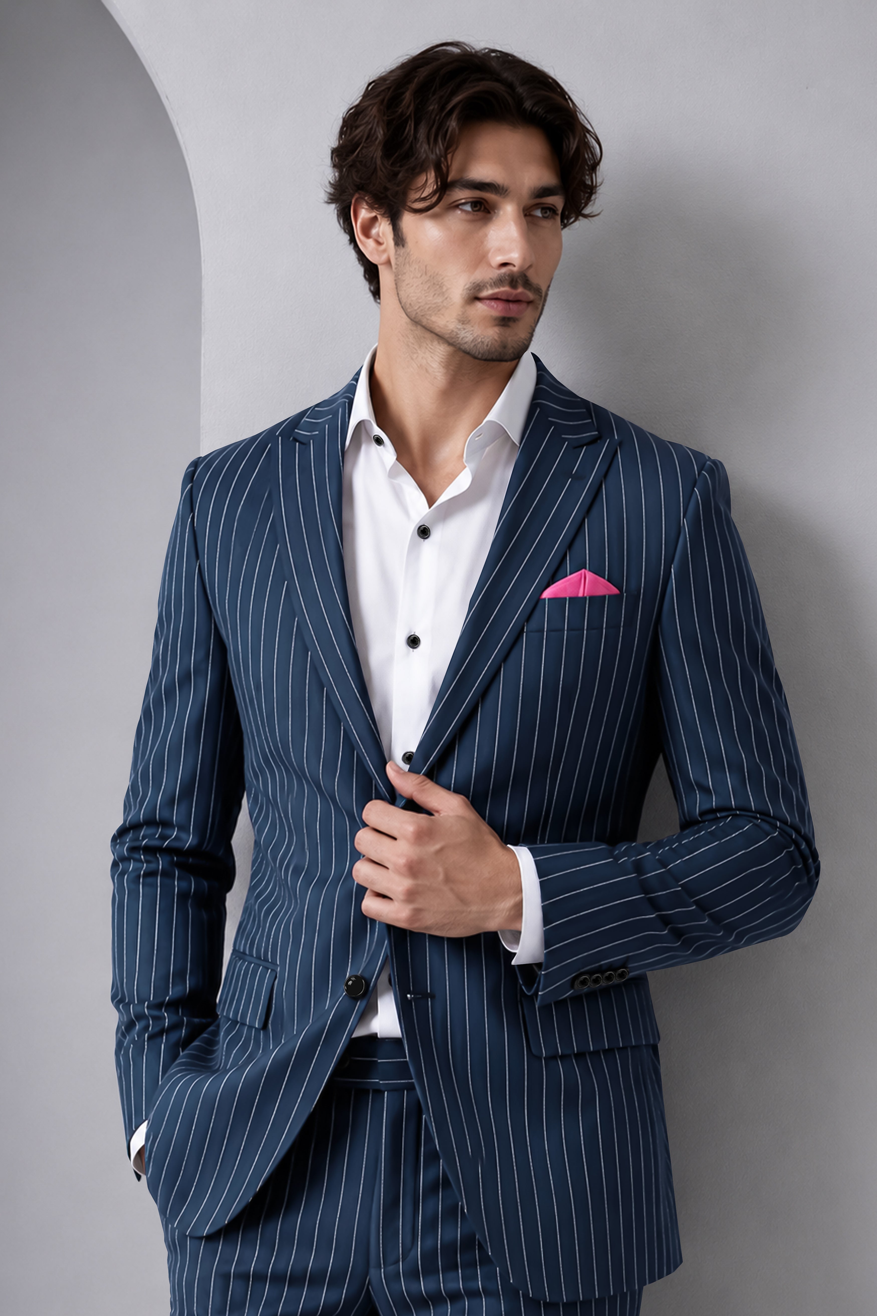 Astris-Space Blue Herringbone Striped Wool Rich Slight Stretch Single Breasted Blazer