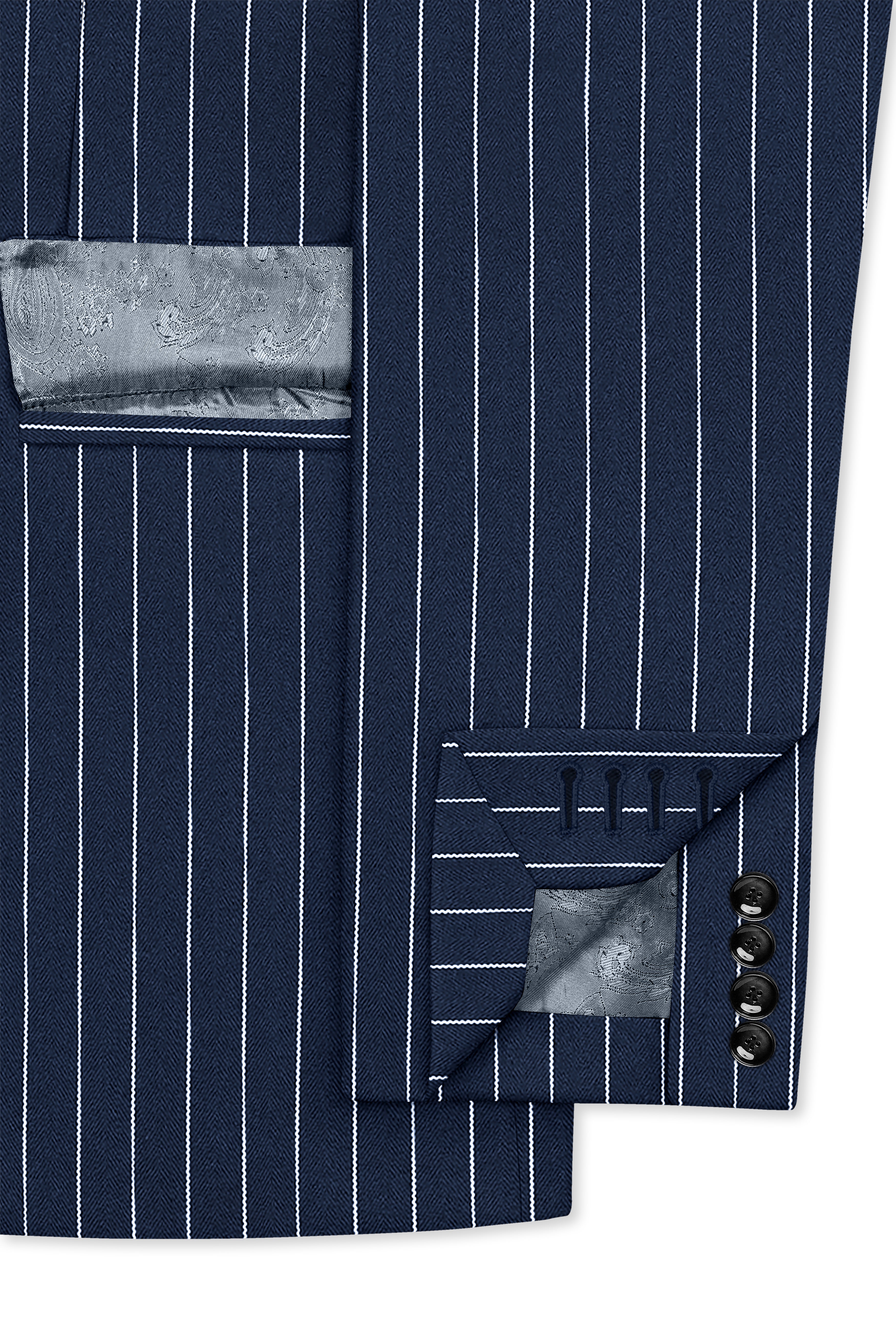 Astris-Space Blue Herringbone Striped Wool Rich Slight Stretch Single Breasted Blazer