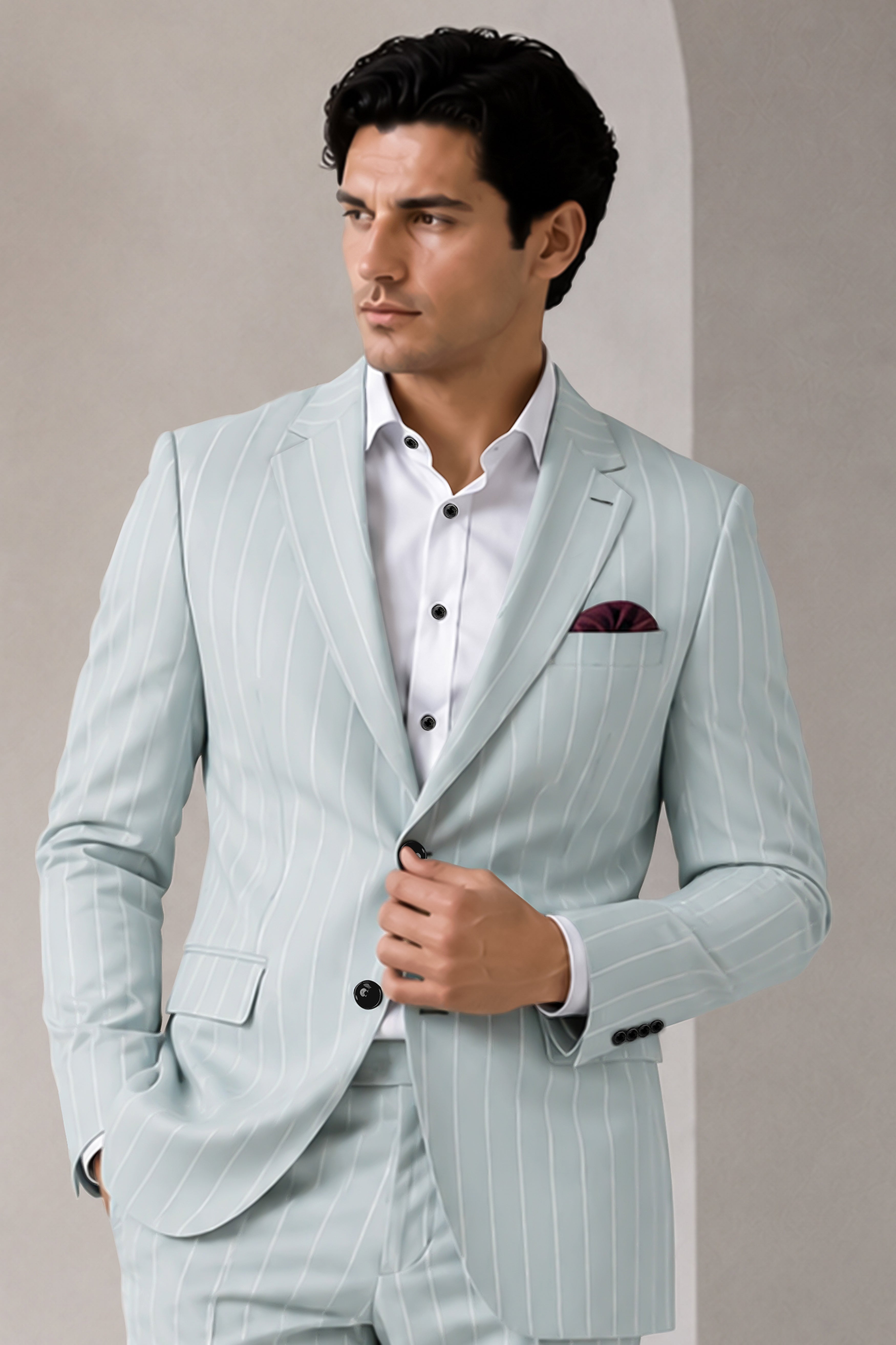 Slate-Tiara Gray And Bright White Chalk Striped Wool Rich Slight Stretch Single Breasted Blazer