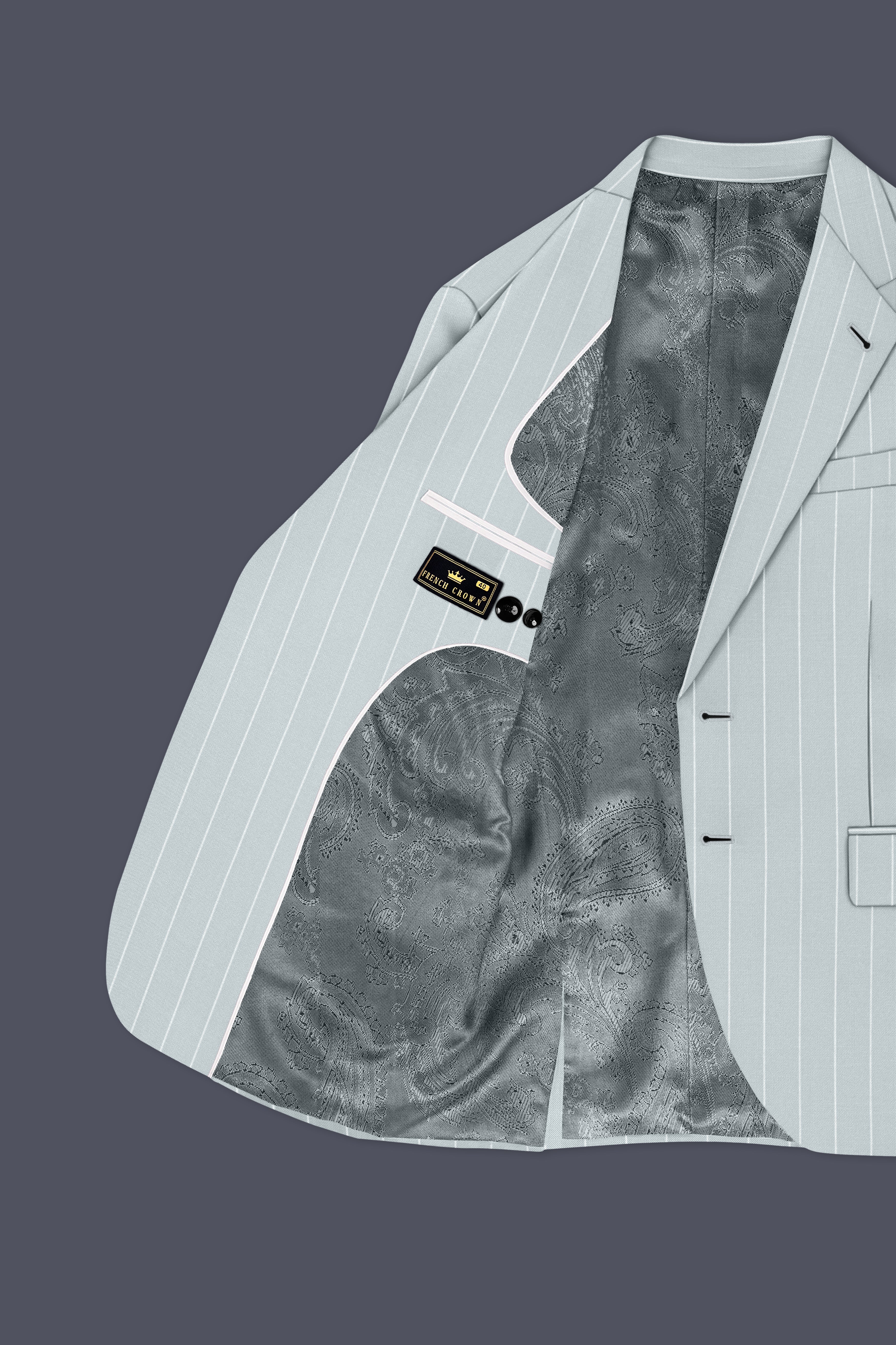 Slate-Tiara Gray And Bright White Chalk Striped Wool Rich Slight Stretch Single Breasted Blazer
