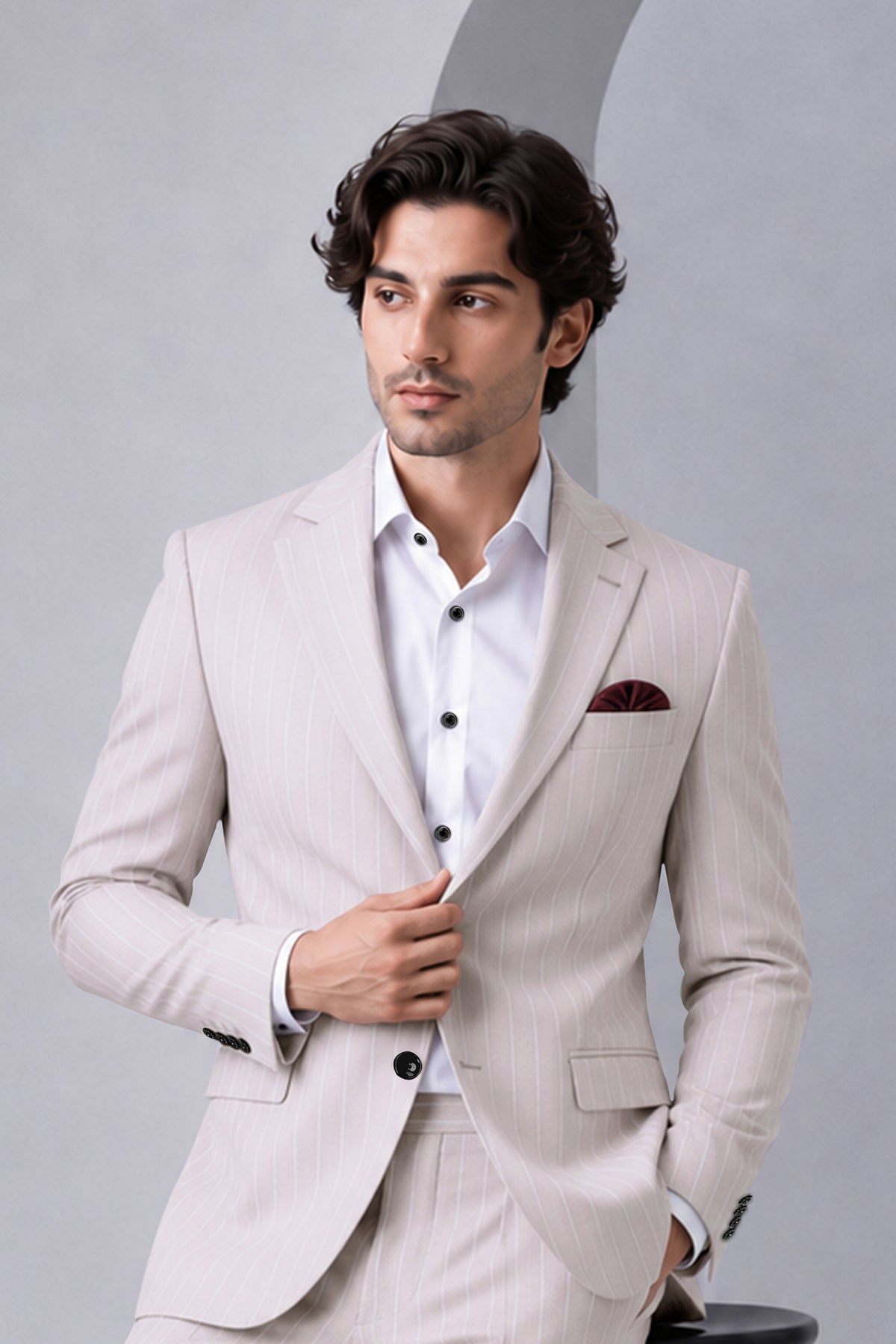 Roselle-Thistle Pink And Bright White Chalk Striped Wool Rich Slight Stretch Single Breasted Blazer