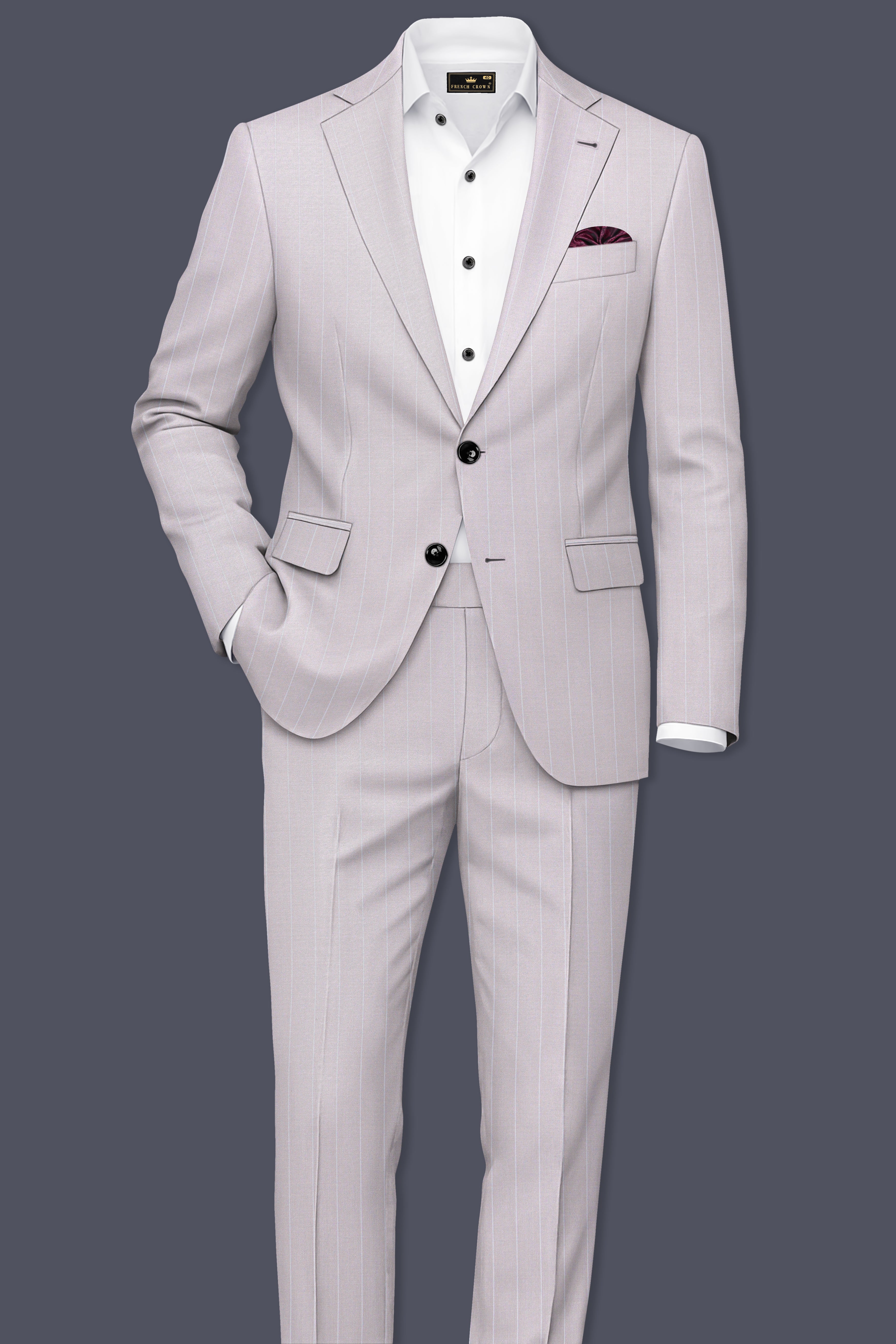 Roselle-Thistle Pink And Bright White Chalk Striped Wool Rich Slight Stretch Single Breasted Blazer