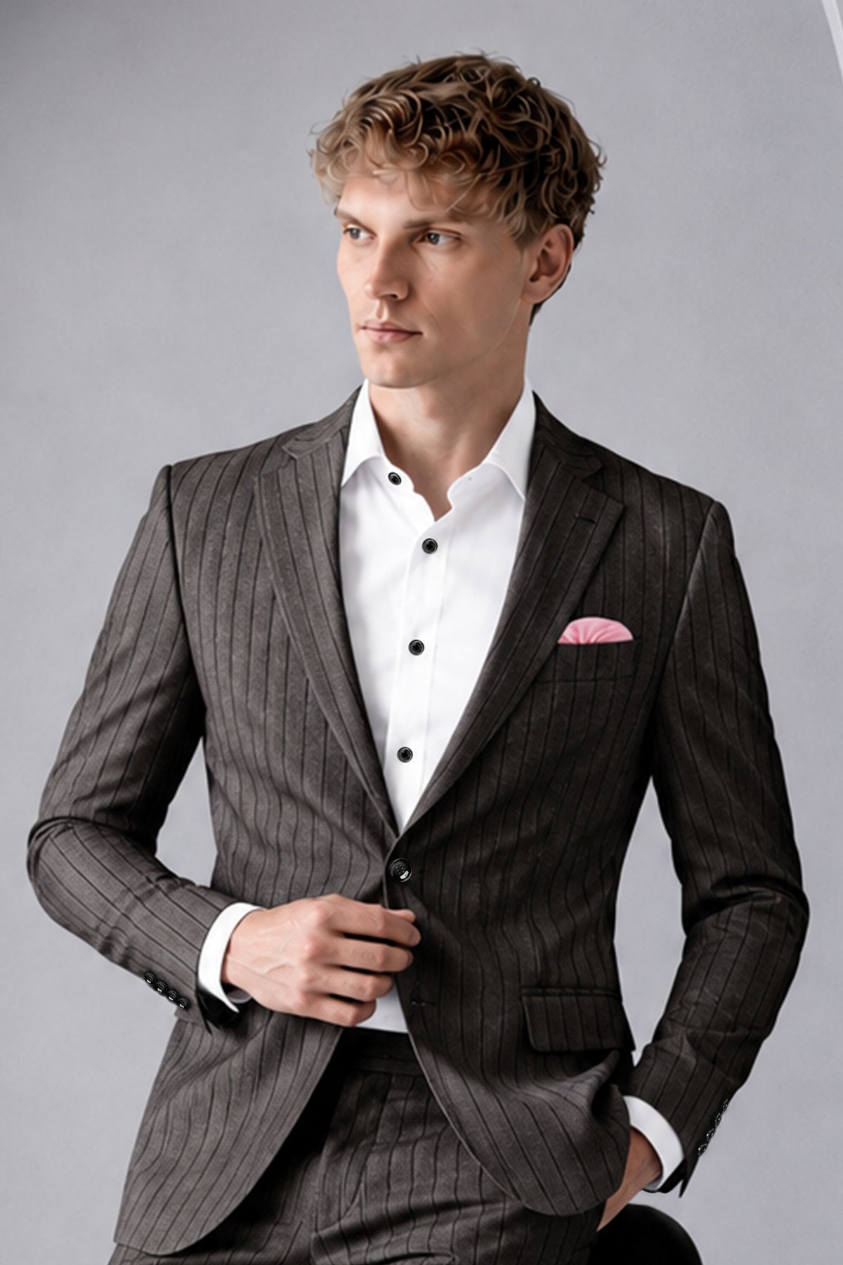 Heritage-Iridium Brown And Bright White Chalk Striped Wool Rich Slight Stretch Single Breasted Blazer
