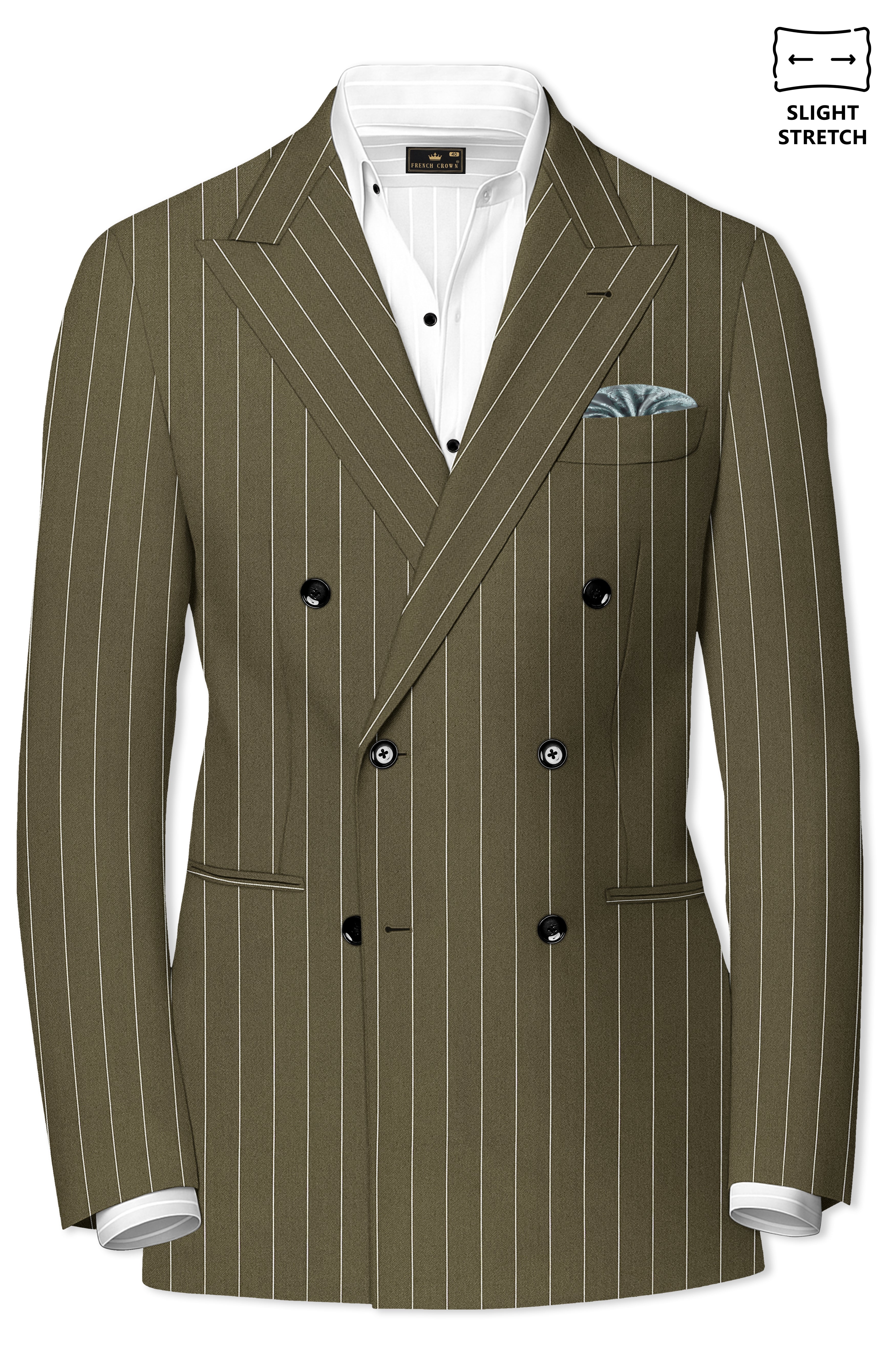 Pinacle-Hamlock Brown And Bright White Chalk Striped Wool Rich Slight Stretch Double Breasted Blazer