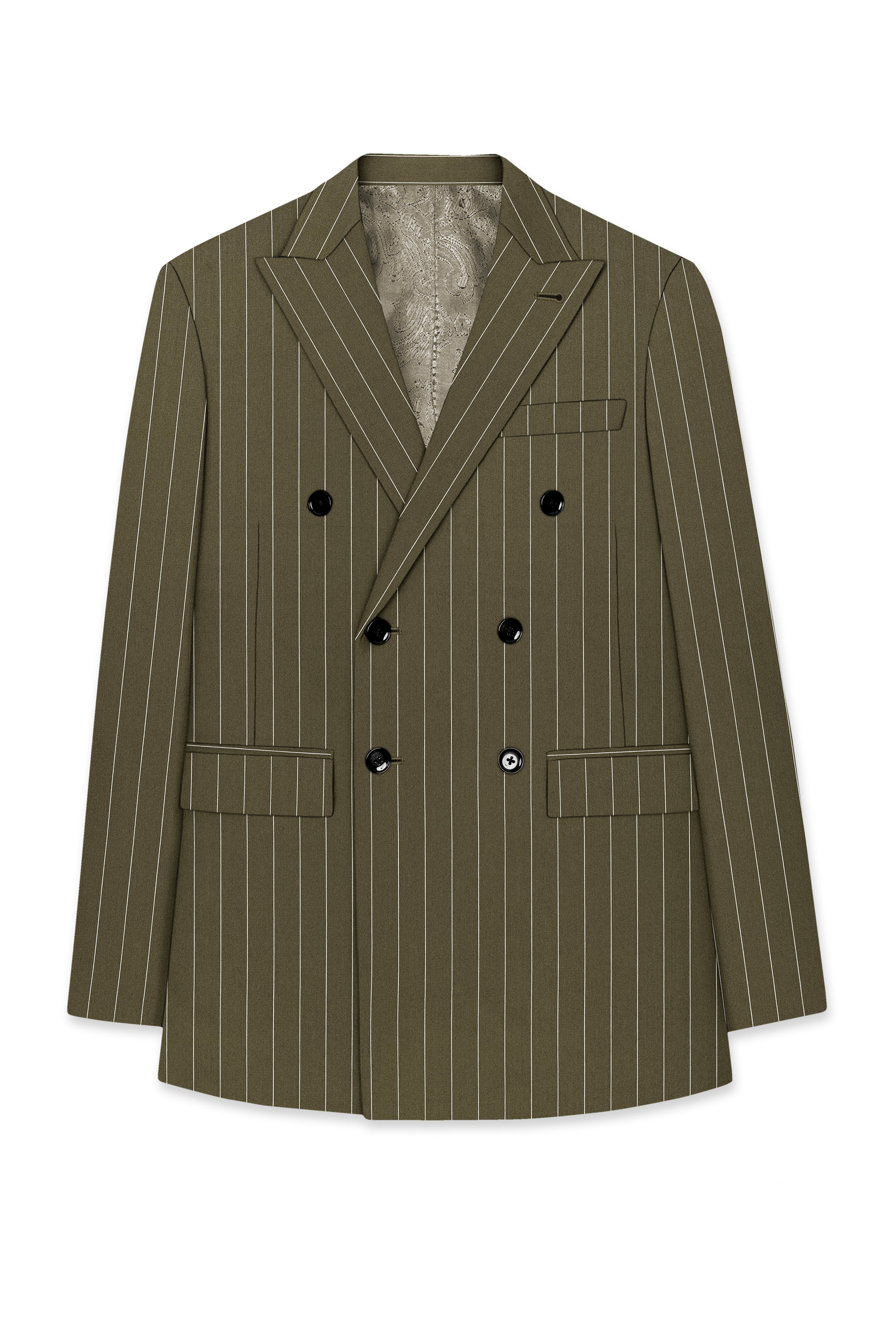 Pinacle-Hamlock Brown And Bright White Chalk Striped Wool Rich Slight Stretch Double Breasted Blazer