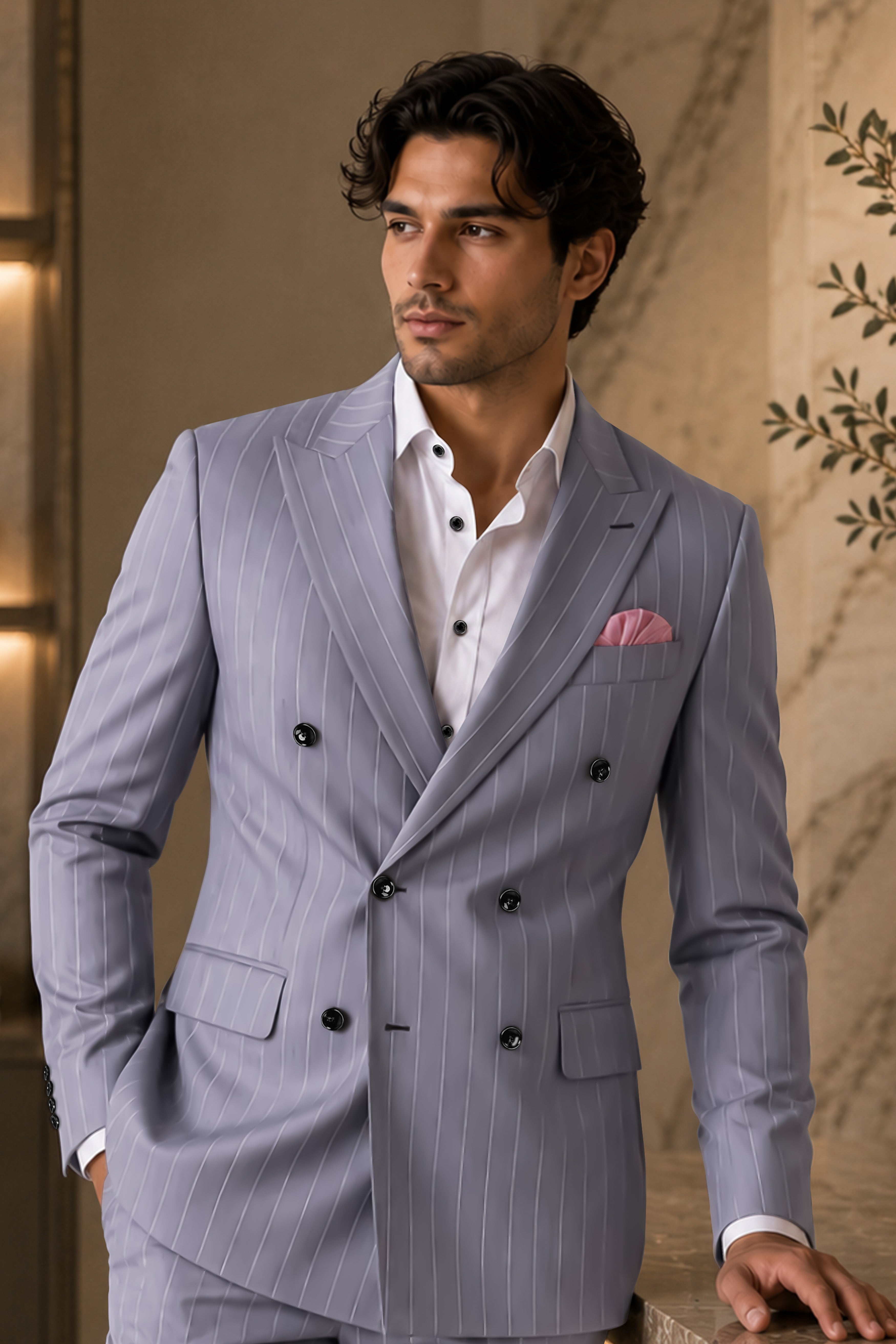 Regent-Mobster Gray And Bright White Chalk Striped Wool Rich Slight Stretch Double Breasted Blazer