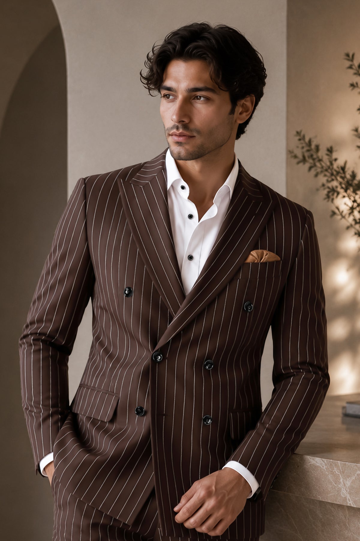 Bristol-Bistre Brown And Bright White Chalk Striped Wool Rich Slight Stretch Double Breasted Blazer