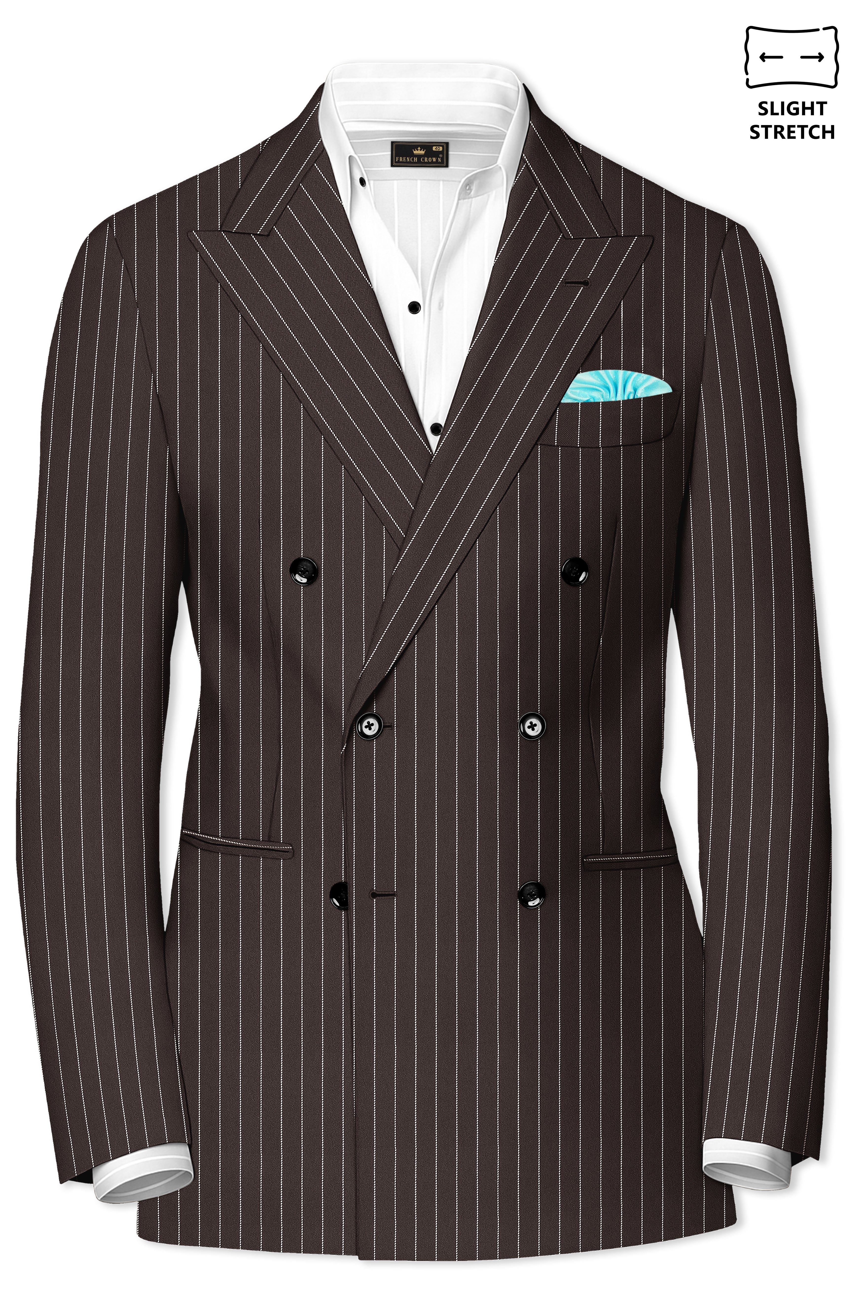 Sovereign-Umber Brown And Bright White Chalk Striped Wool Rich Slight Stretch Double Breasted Blazer