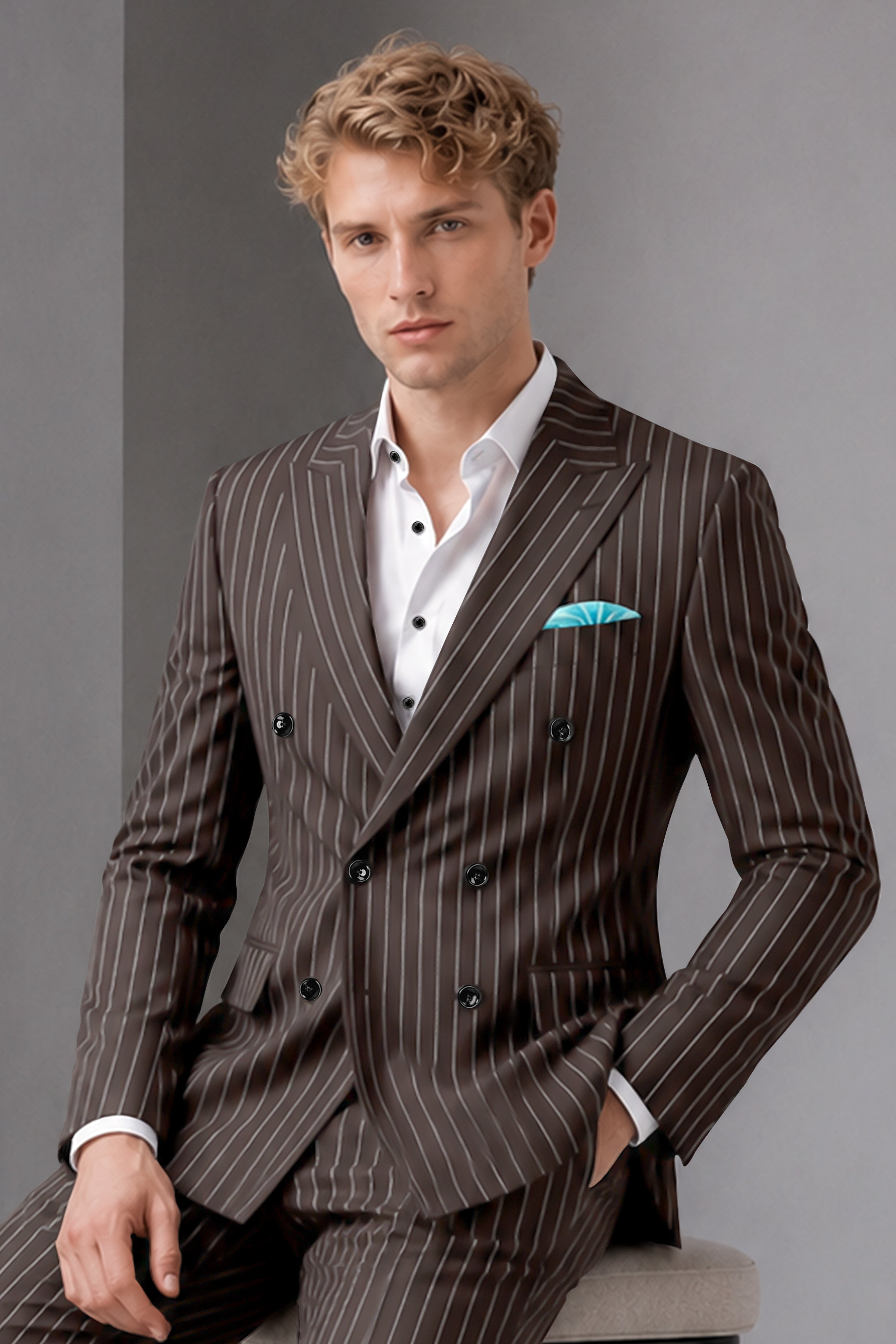 Sovereign-Umber Brown And Bright White Chalk Striped Wool Rich Slight Stretch Double Breasted Blazer