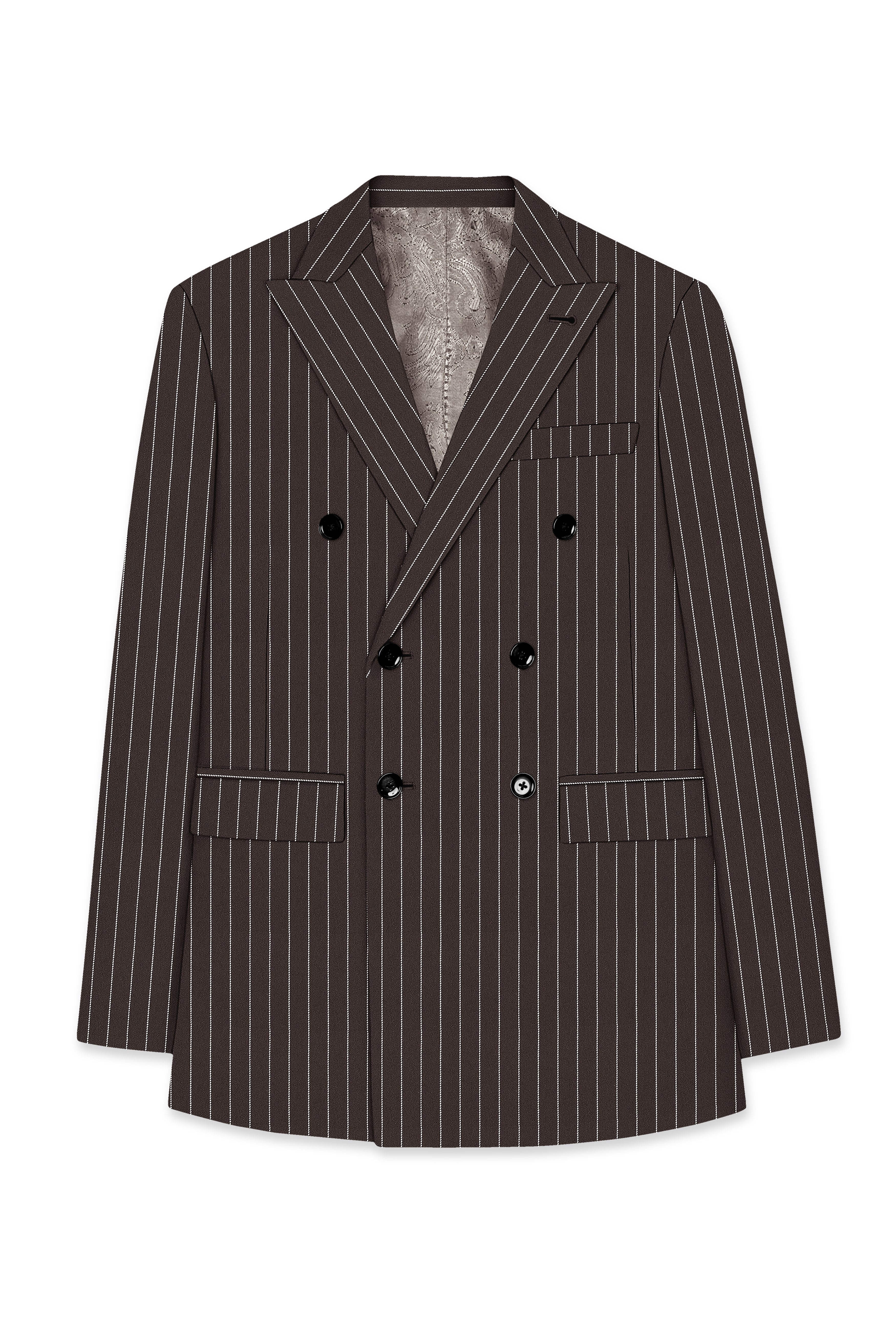 Sovereign-Umber Brown And Bright White Chalk Striped Wool Rich Slight Stretch Double Breasted Blazer