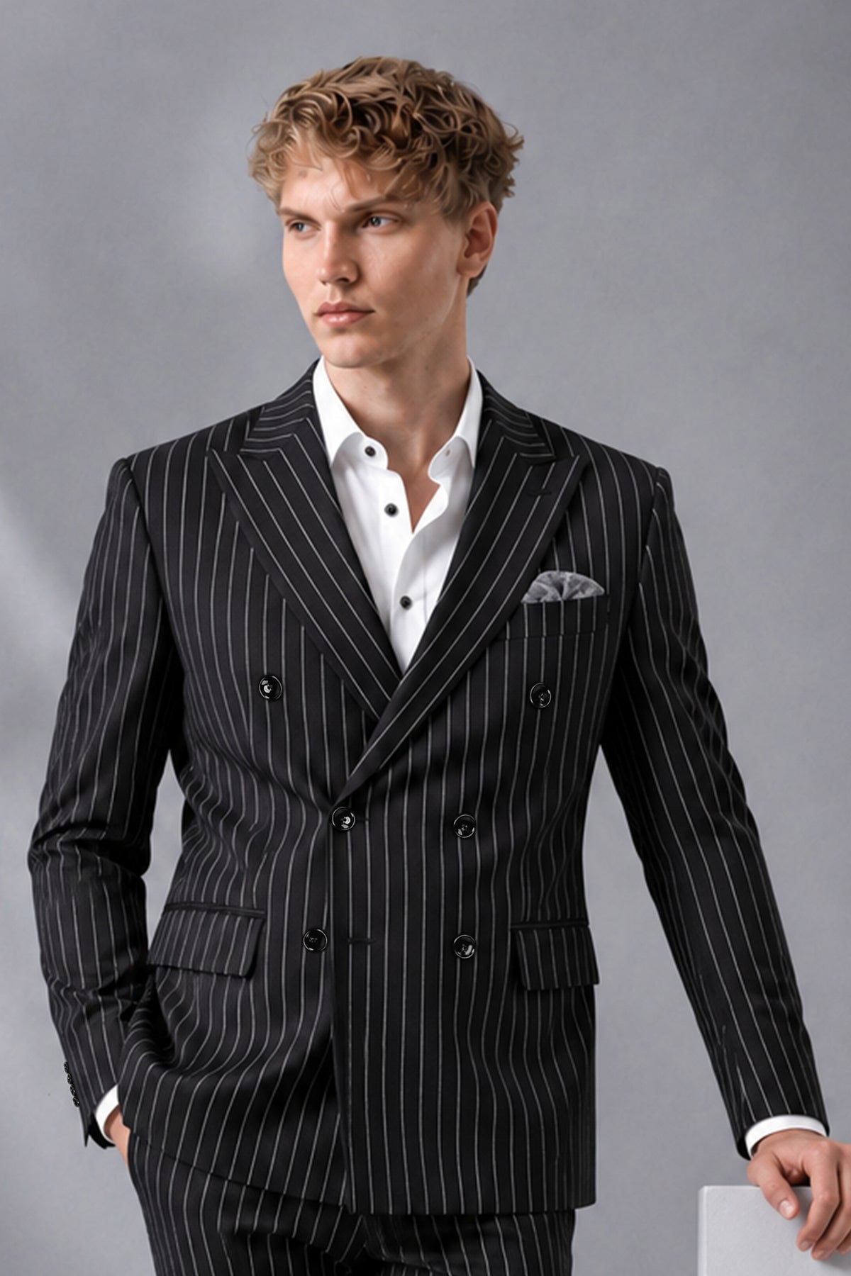 Noir-Jade Black Herringbone Striped Wool Rich Slight Stretch Double Breasted Blazer