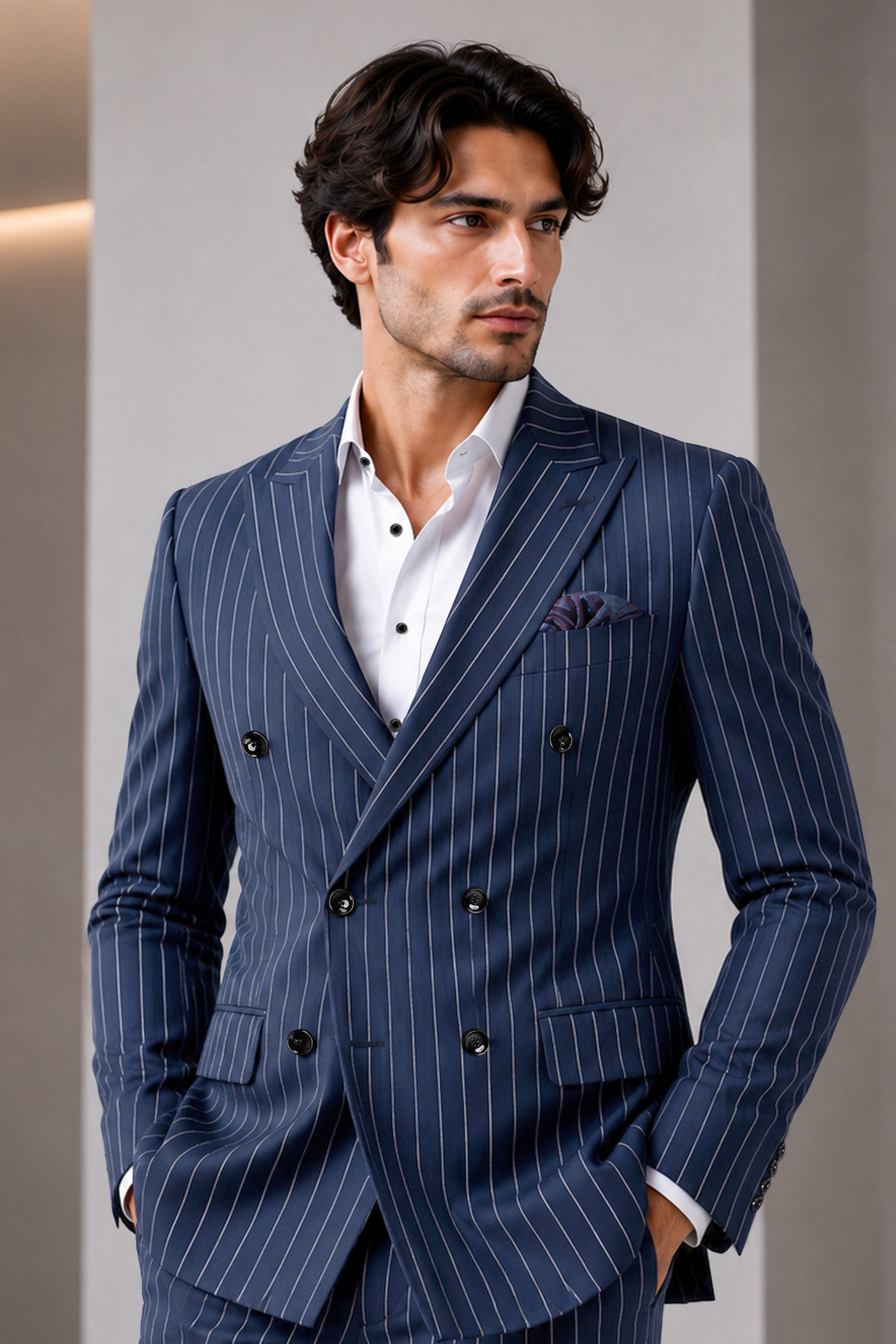 Astris-Space Blue Herringbone Striped Wool Rich Slight Stretch Double Breasted Blazer