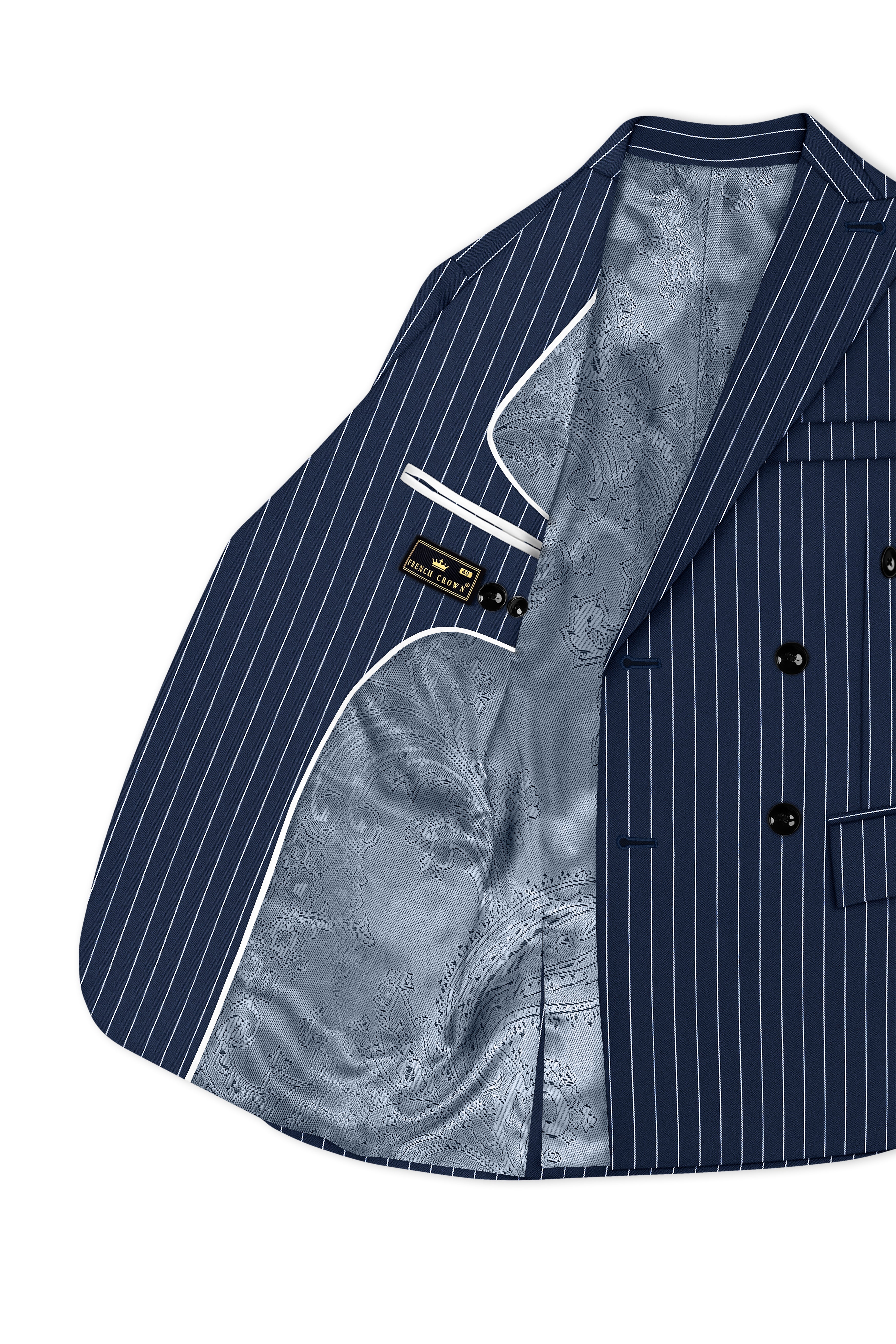 Astris-Space Blue Herringbone Striped Wool Rich Slight Stretch Double Breasted Blazer