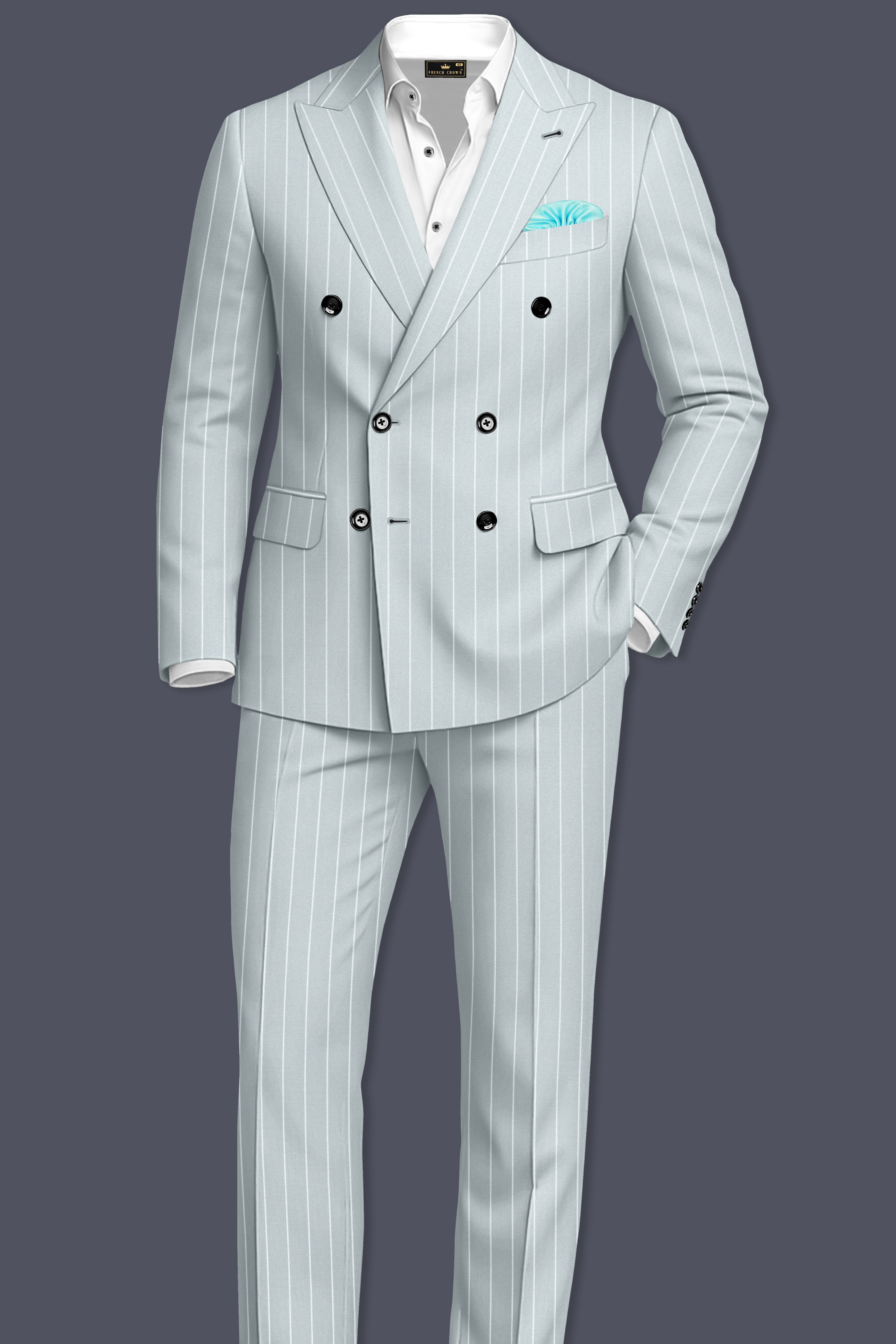 Slate-Tiara Gray And Bright White Chalk Striped Wool Rich Slight Stretch Double Breasted Blazer