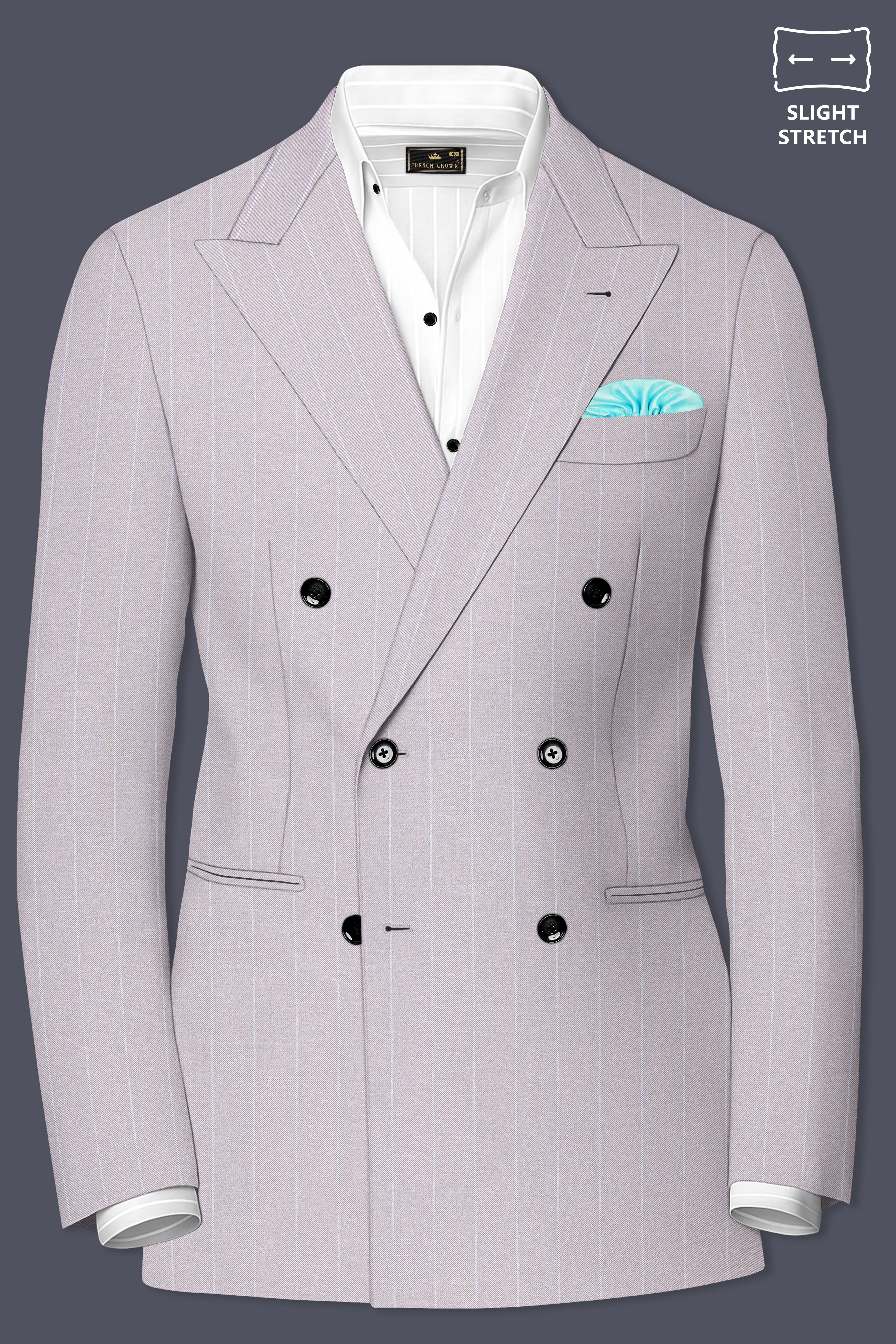 Roselle-Thistle Pink And Bright White Chalk Striped Wool Rich Slight Stretch Double Breasted Blazer
