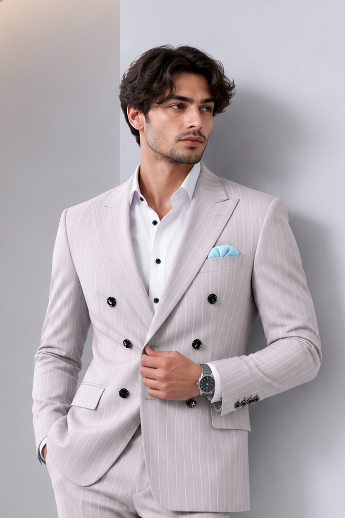 Roselle-Thistle Pink And Bright White Chalk Striped Wool Rich Slight Stretch Double Breasted Blazer