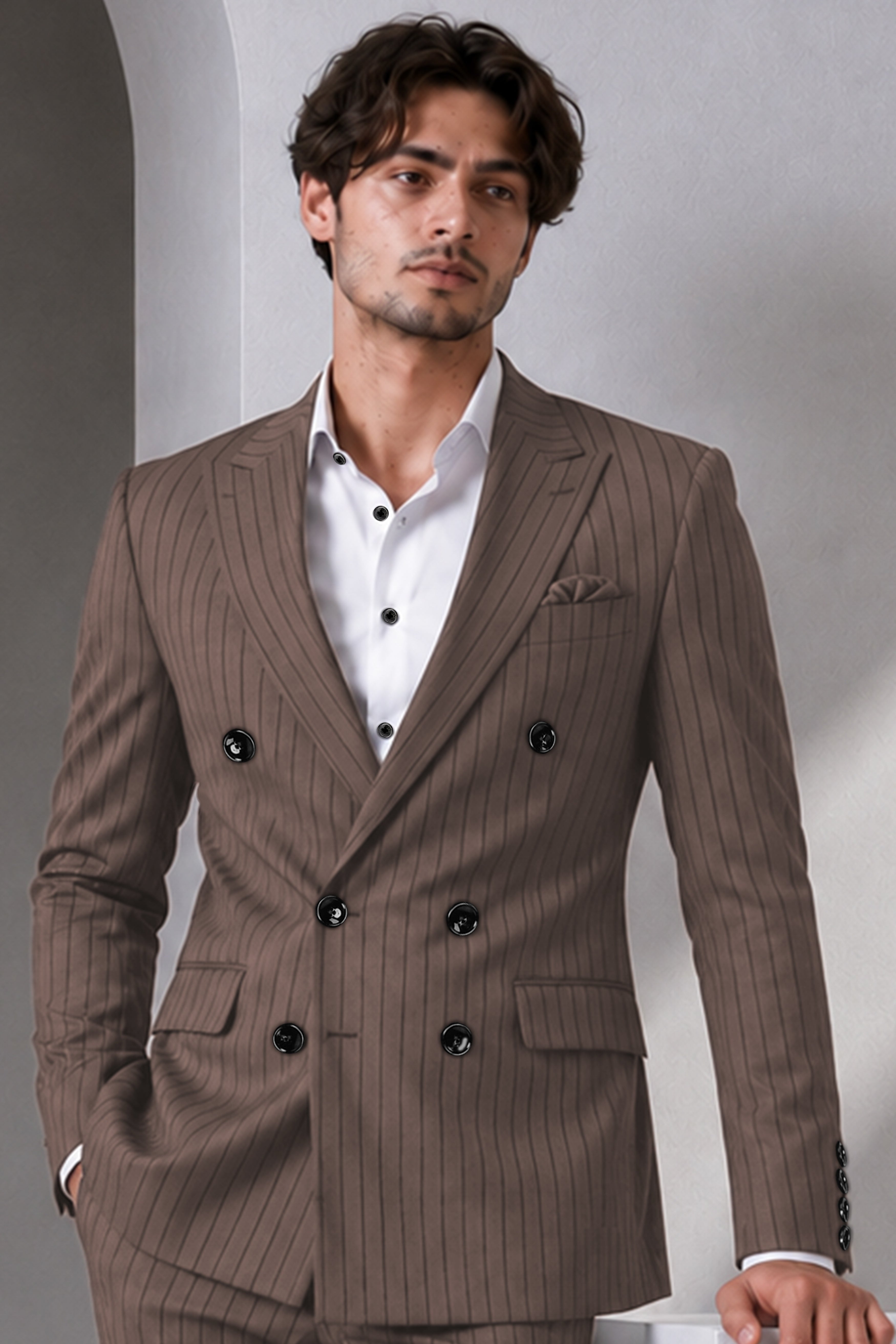 Obsidian-Fuscous Brown And Jade Black Chalk Striped Wool Rich Slight Stretch Double Breasted Blazer