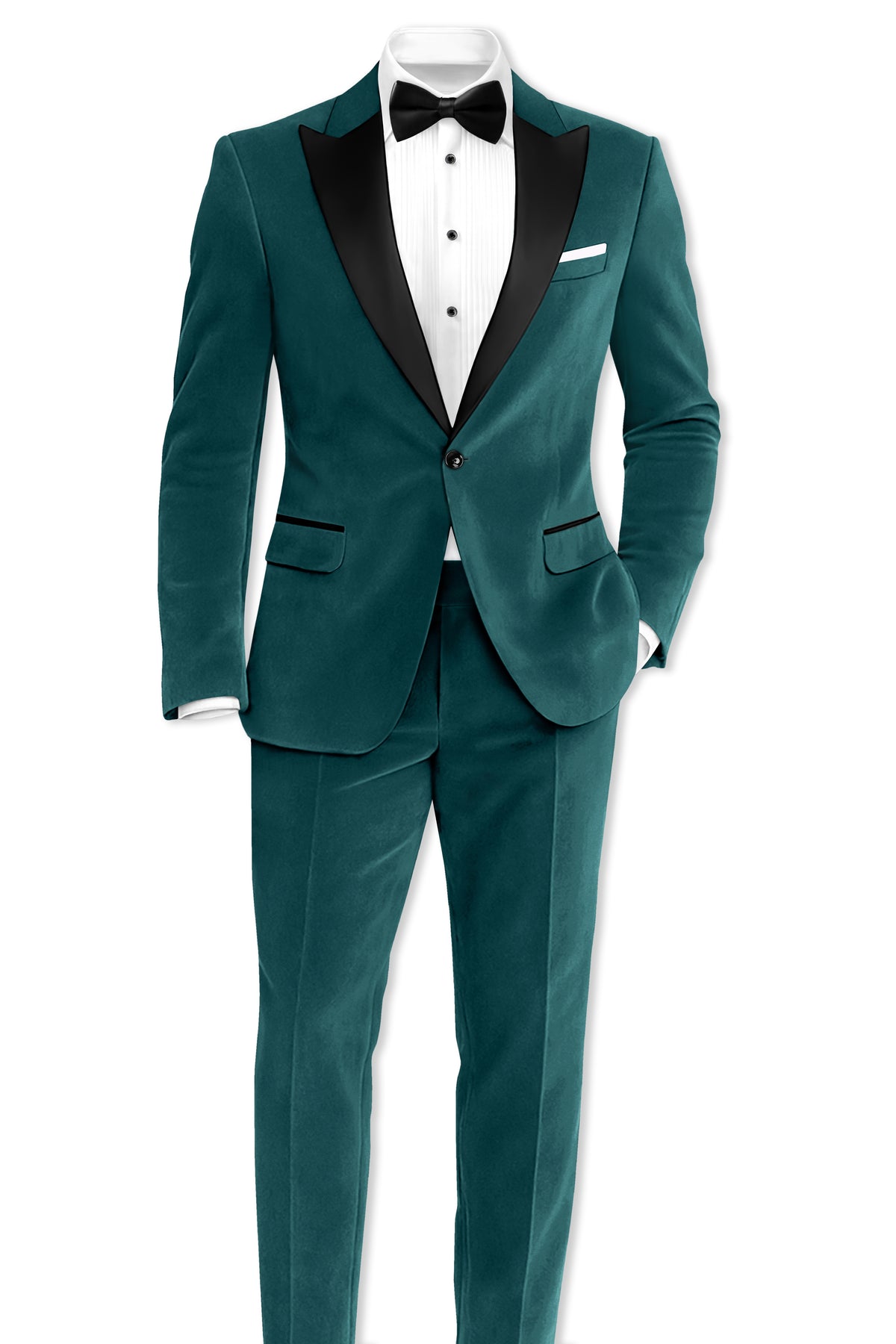 Verdant-Teal Green Velvet Peak Lapel Tuxedo Blazer